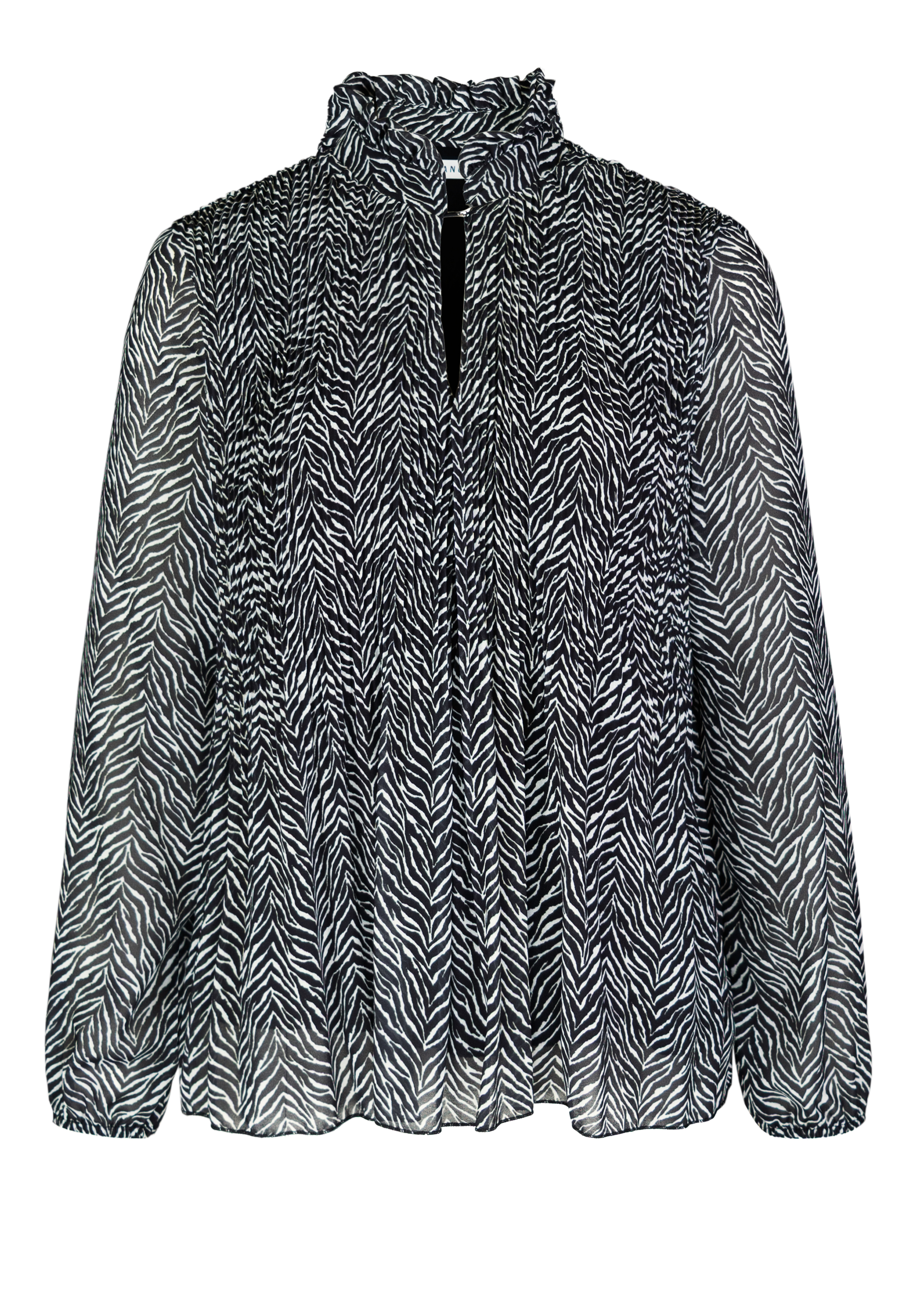 Transparente, langärmelige Bluse mit schwarz-weißem Zebradruck, hohem, gerüschtem Ausschnitt und kleiner Schlüssellochöffnung vorne.
