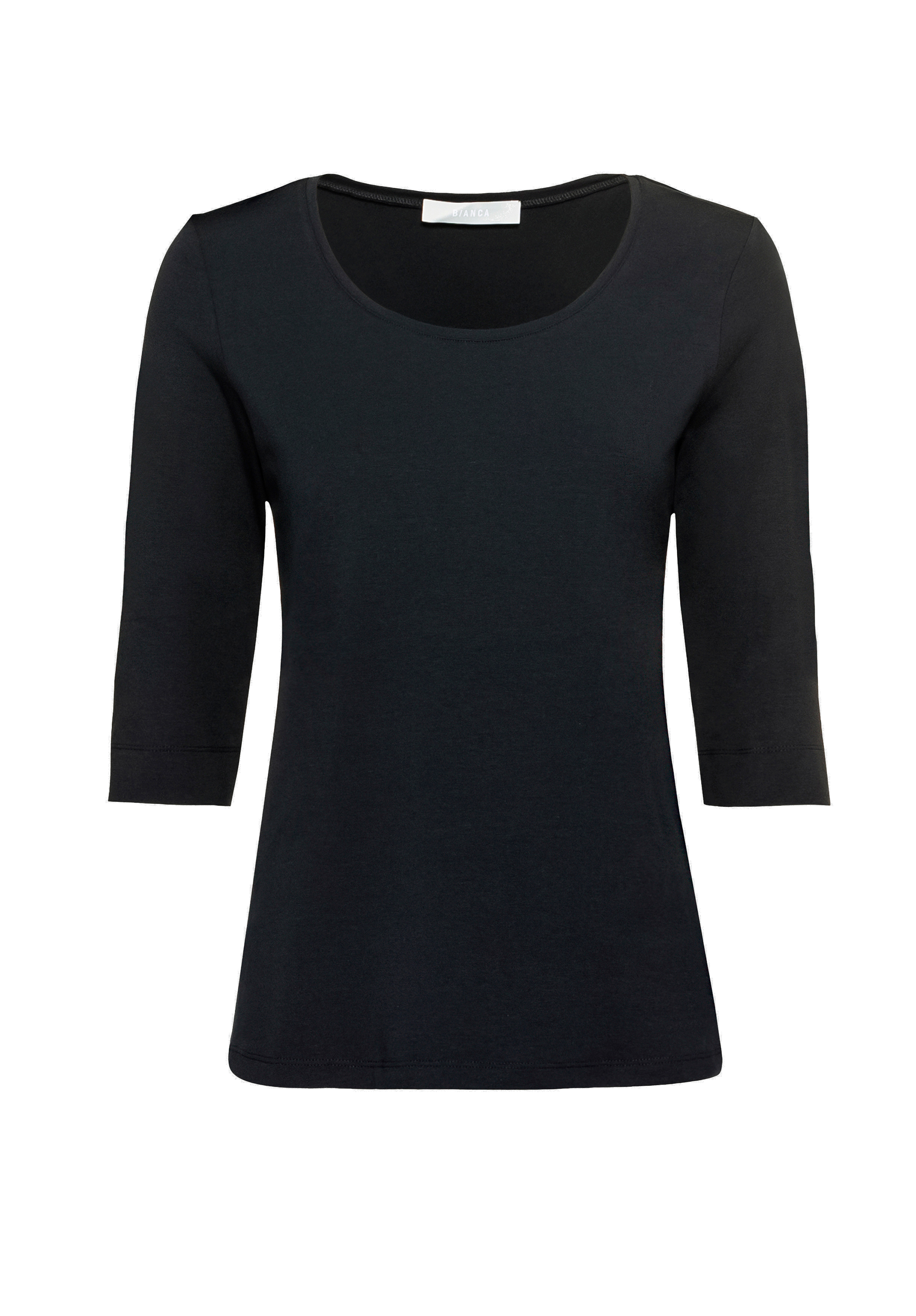 Ein schlichtes, schwarzes, tailliertes Damenoberteil mit dreiviertellangen Ärmeln und Rundhalsausschnitt auf weißem Grund.