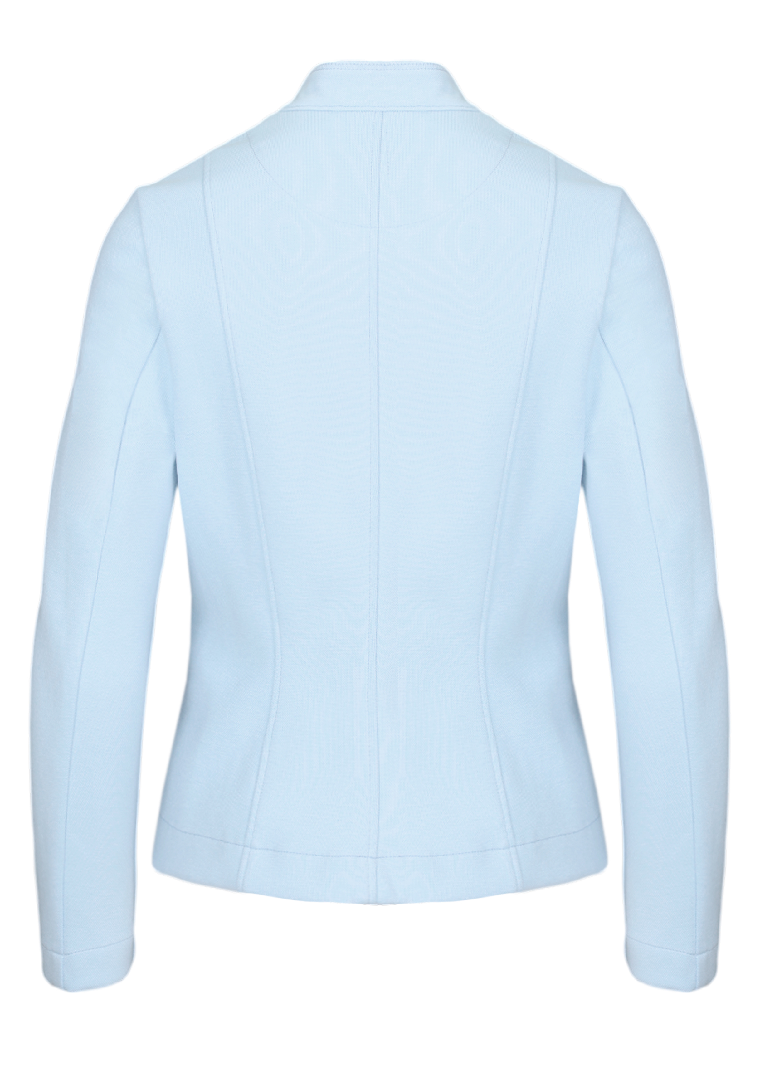 Die Rückseite einer hellblauen, maßgeschneiderten Jacke zeigt angepasste Nähte und eine strukturierte Silhouette mit langen Ärmeln und Kragen.
