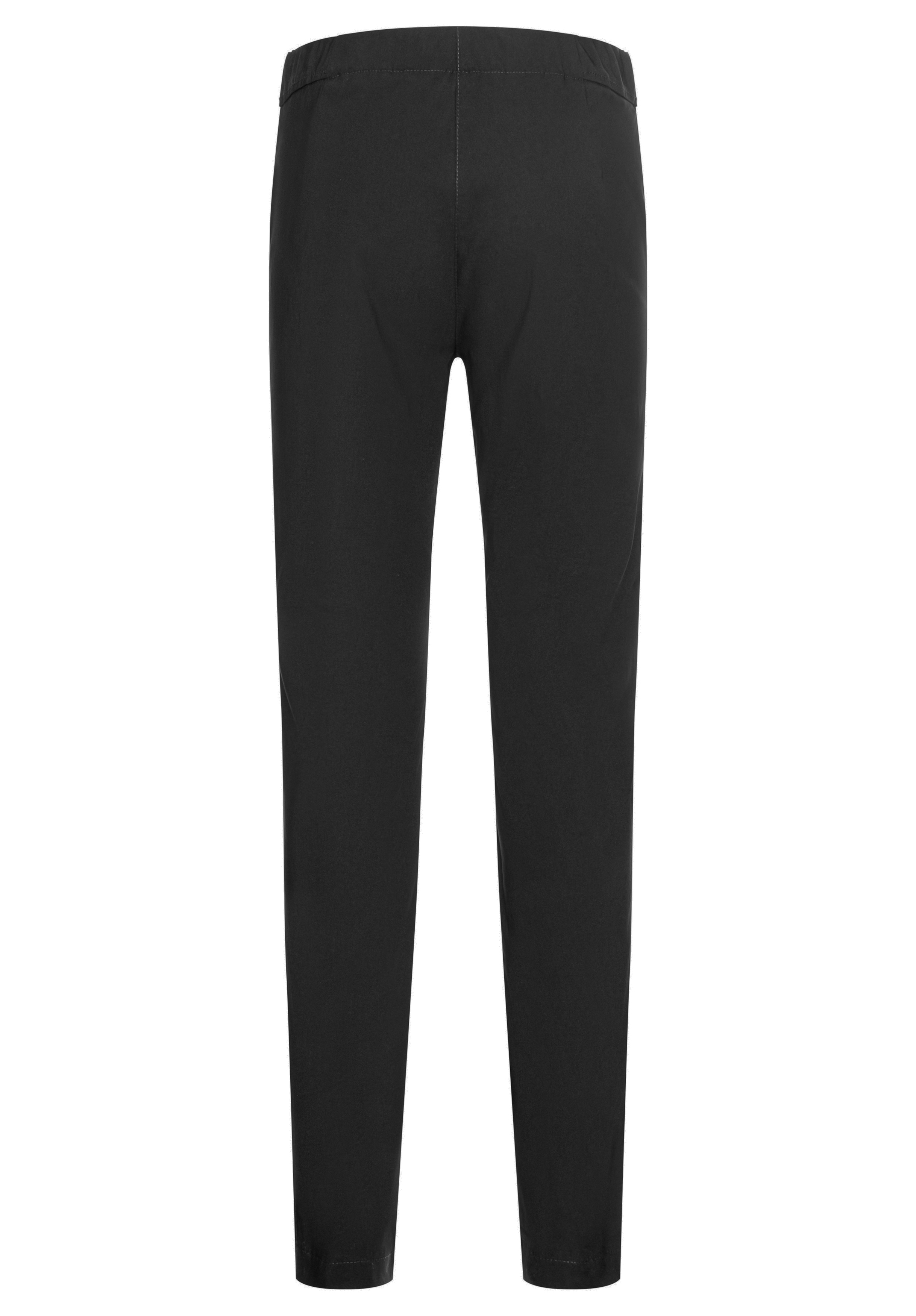 Schwarze Hose, von hinten gesehen, mit geradem Bein und elastischem Bund, ohne sichtbare Taschen oder zusätzliche Details.