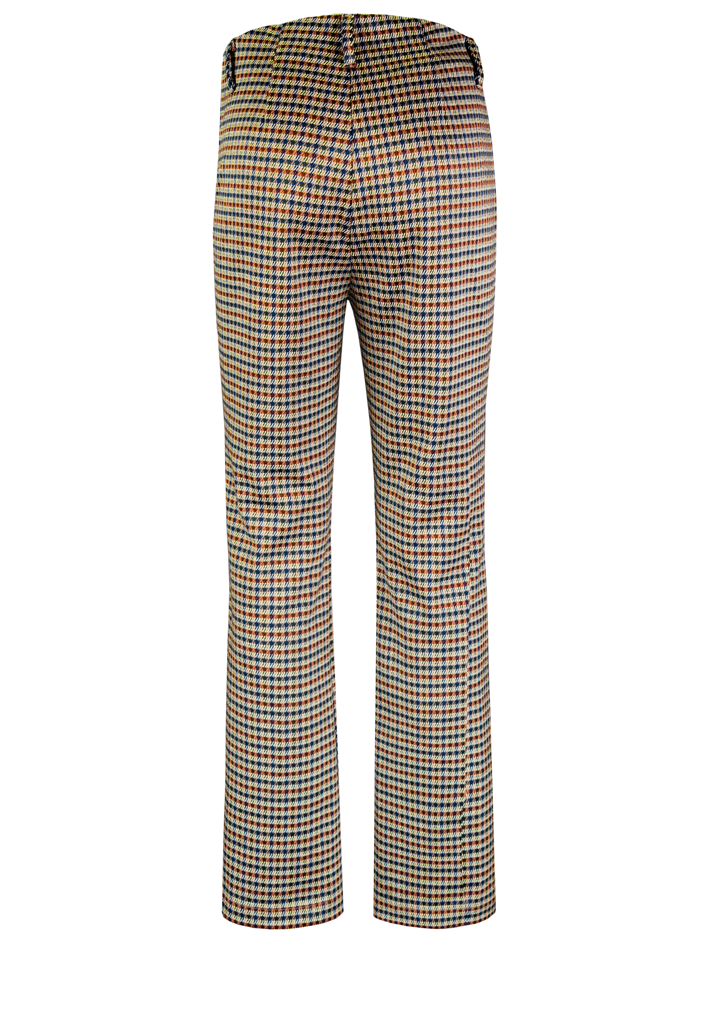 Rückansicht einer Hose mit hoher Taille und geradem Bein mit einem mehrfarbigen Hahnentrittmuster in Schwarz, Blau, Rot und Gelb. Die Hose hat Gürtelschlaufen und eine Naht in der Mitte.