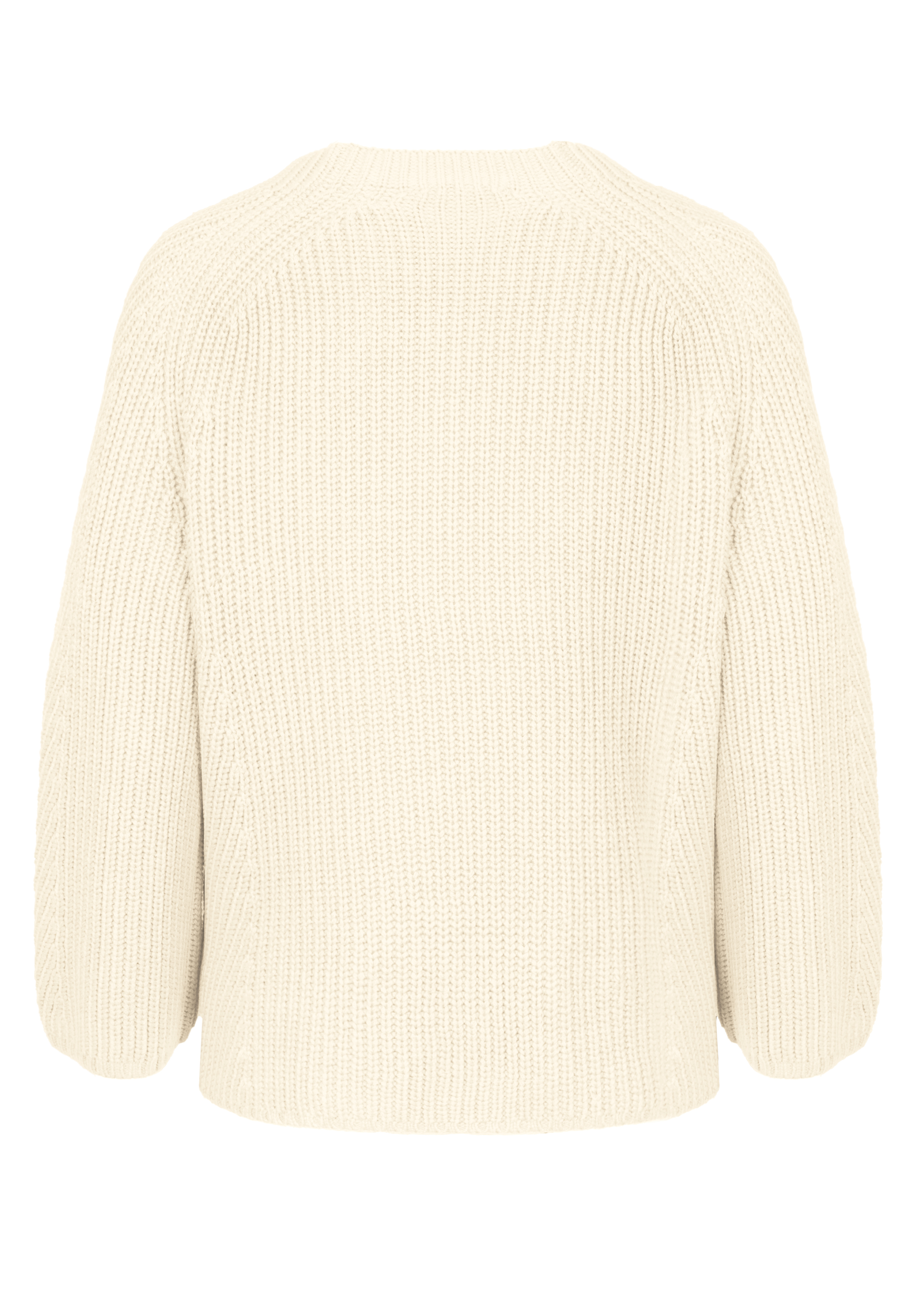 Eine Rückansicht eines cremefarbenen, grob gestrickten Pullovers mit langen Ärmeln und lockerer Passform, präsentiert vor einem schlichten weißen Hintergrund.