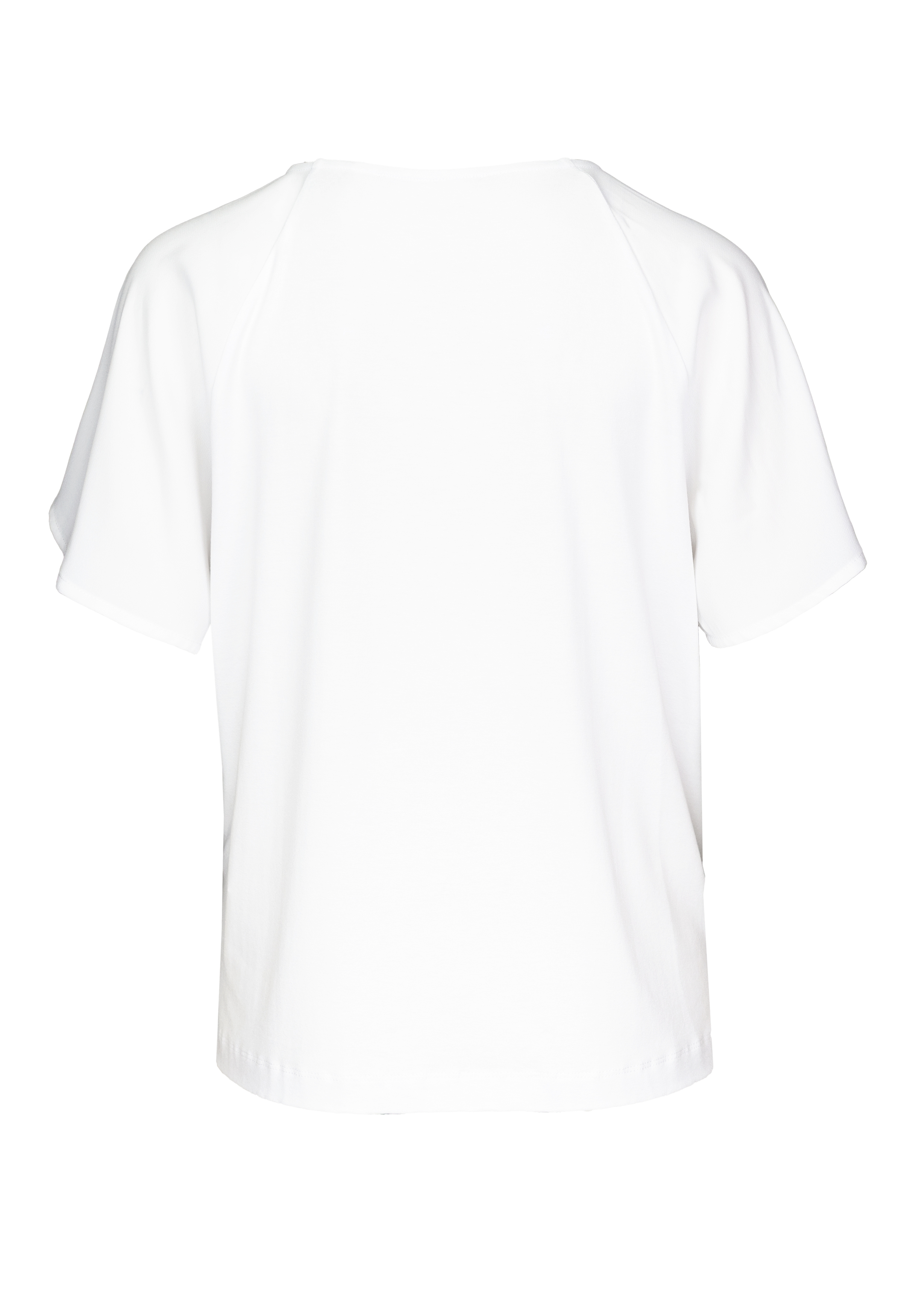 Rückansicht eines schlichten weißen Kurzarm-T-Shirts vor weißem Hintergrund. Das Shirt hat eine lockere Passform und keine sichtbaren Designs, Muster oder Logos.