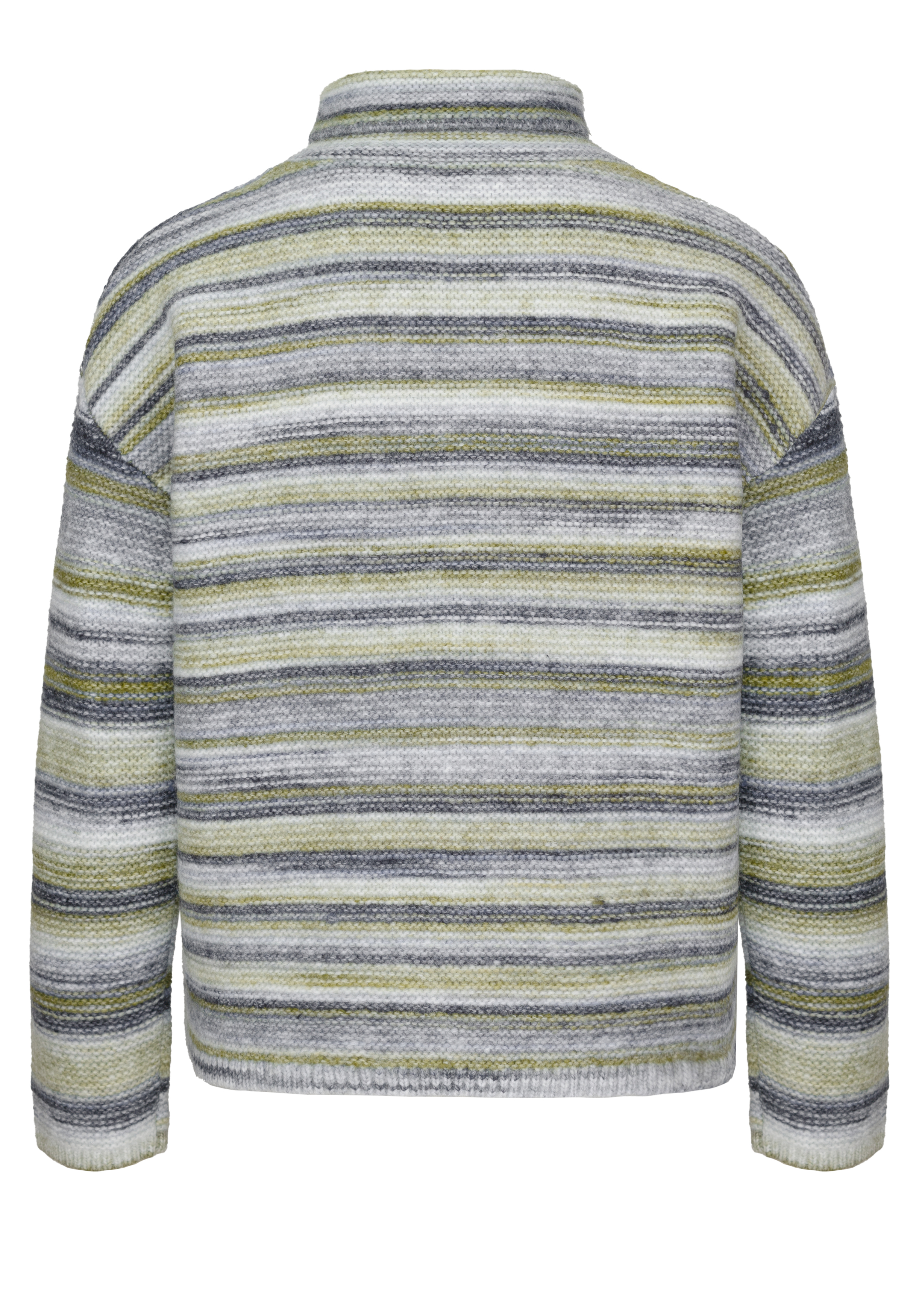 Ein langärmeliger Pullover mit horizontalen Streifen in Grau-, Grün- und Weißtönen. Der Pullover ist von hinten abgebildet und weist einen geraden Saum und ein dezentes Strickmuster auf.