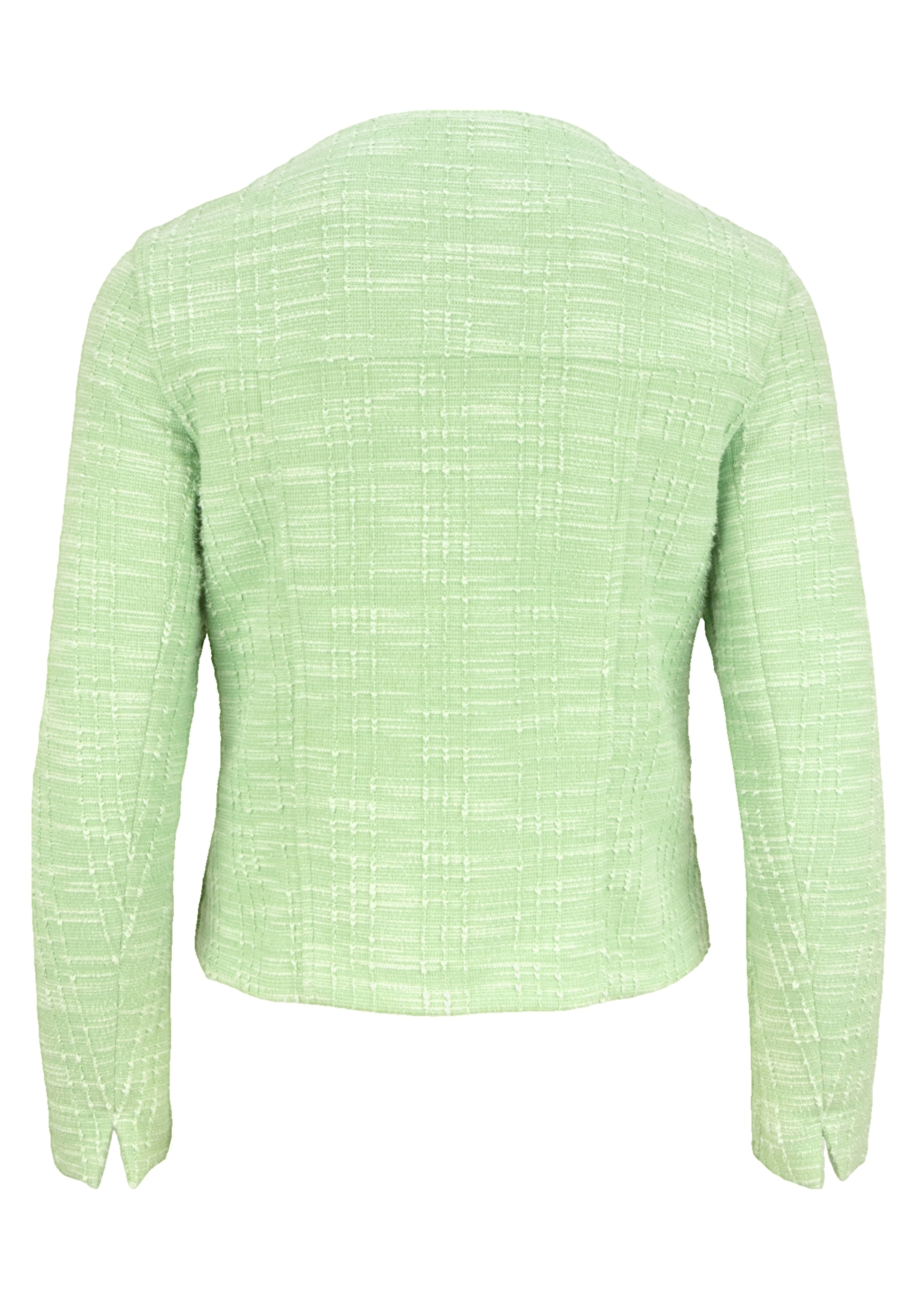 Rückansicht einer hellgrünen, strukturierten Damenjacke mit langen Ärmeln und dezentem Karomuster. Saum und Bündchen sind leicht geschlitzt, die Jacke hat eine taillierte Silhouette.