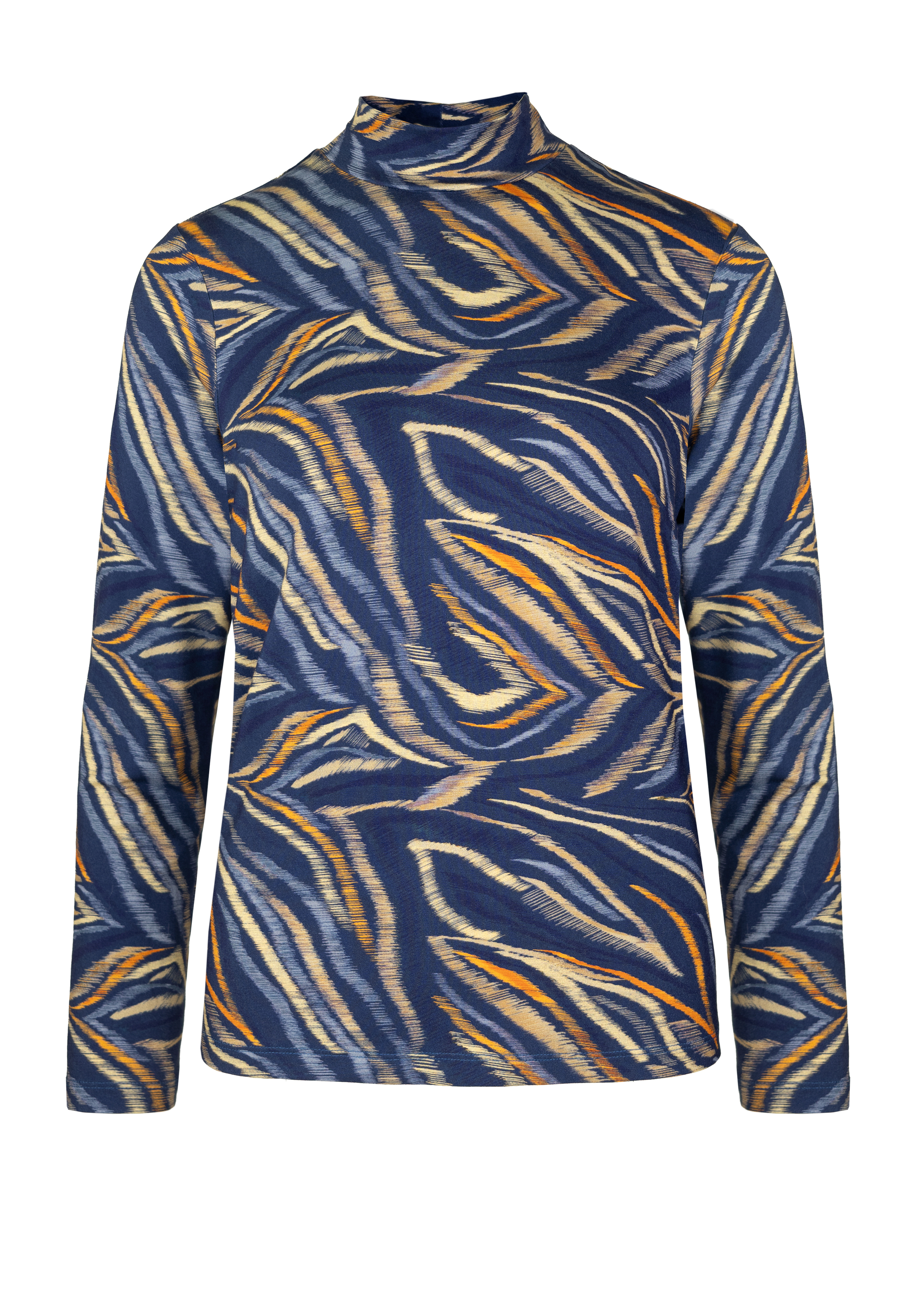 Langärmeliges Oberteil mit Rundhalsausschnitt und einem auffälligen, mehrfarbigen, abstrakten Zebrastreifenmuster in Blau-, Gelb-, Orange- und Weißtönen.