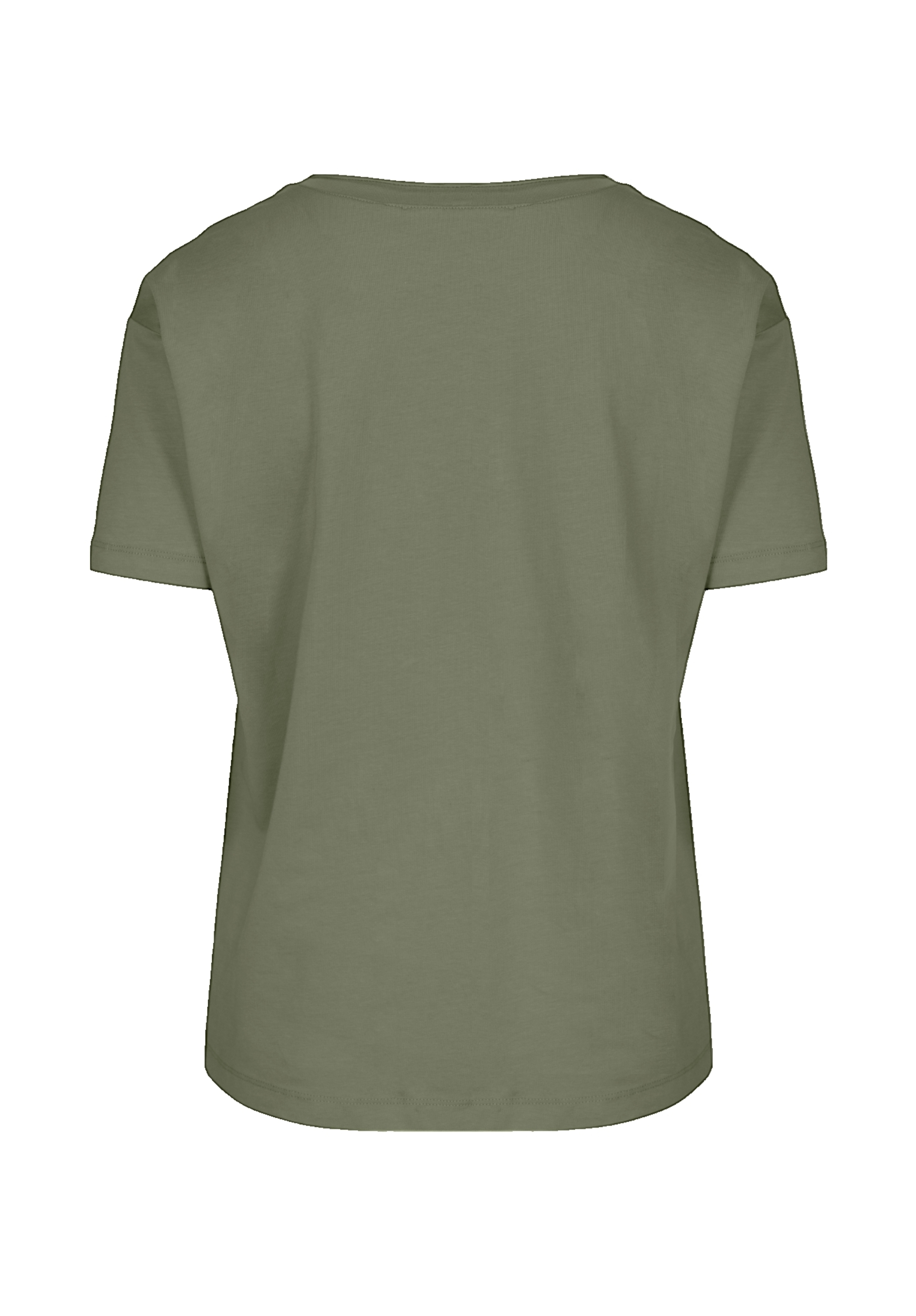 Rückansicht eines schlichten, kurzärmeligen, olivgrünen T-Shirts auf weißem Hintergrund.
