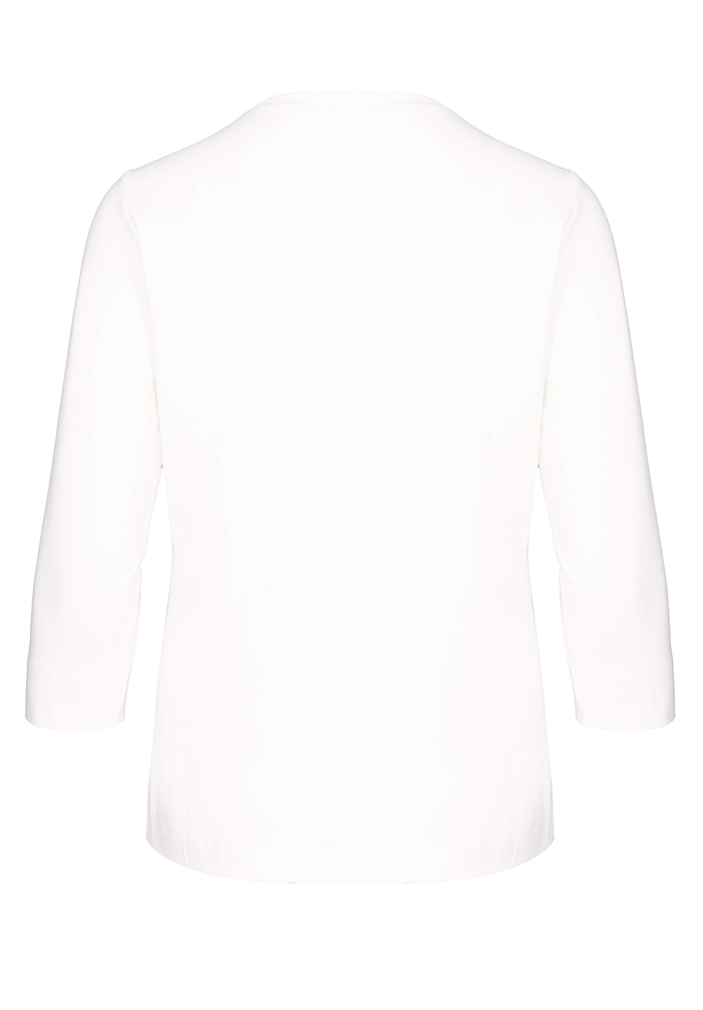 Rückansicht eines schlichten weißen Langarmshirts mit Rundhalsausschnitt ohne sichtbare Muster, Designs oder Logos. Das Shirt hat ein schlichtes und klares Design.