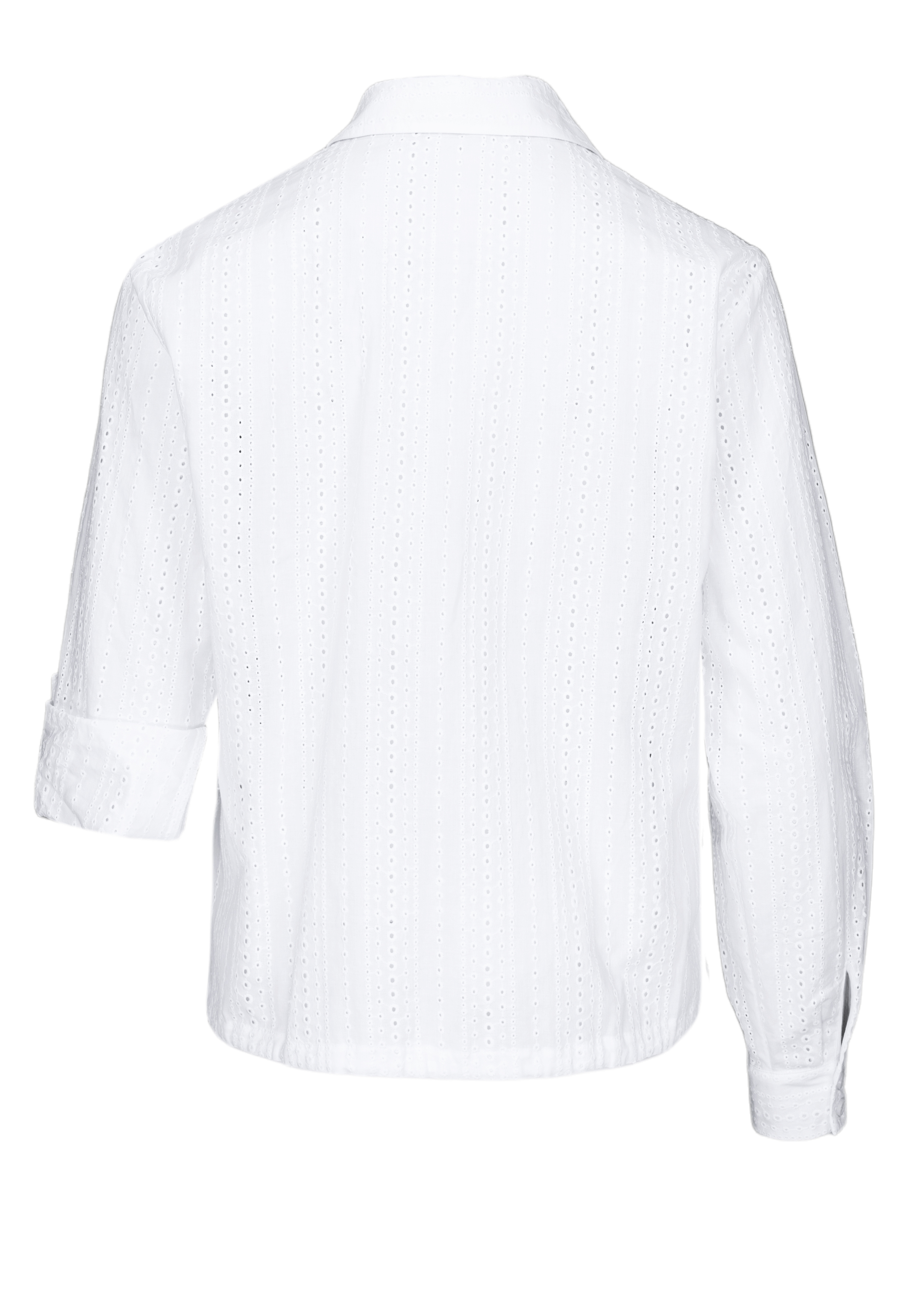 Ein weißes Langarmshirt mit dezentem vertikalen Lochmuster, von hinten betrachtet. Die Ärmel sind teilweise hochgekrempelt und der Saum ist leicht geschwungen.