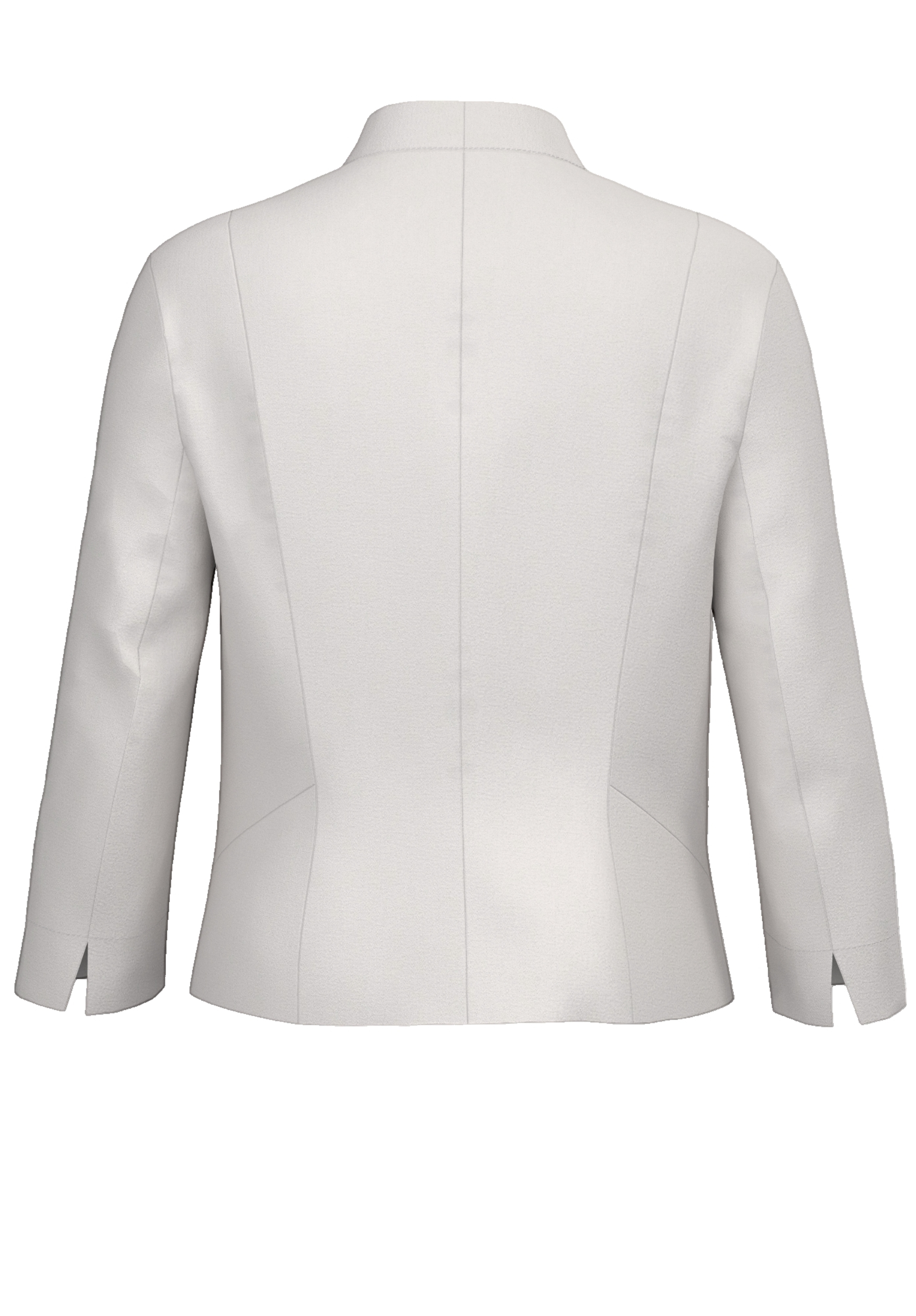 Rückansicht eines hellgrauen Damenblazers mit langen Ärmeln, strukturierten Nähten und kleinen Schlitzen an den Enden beider Ärmel.