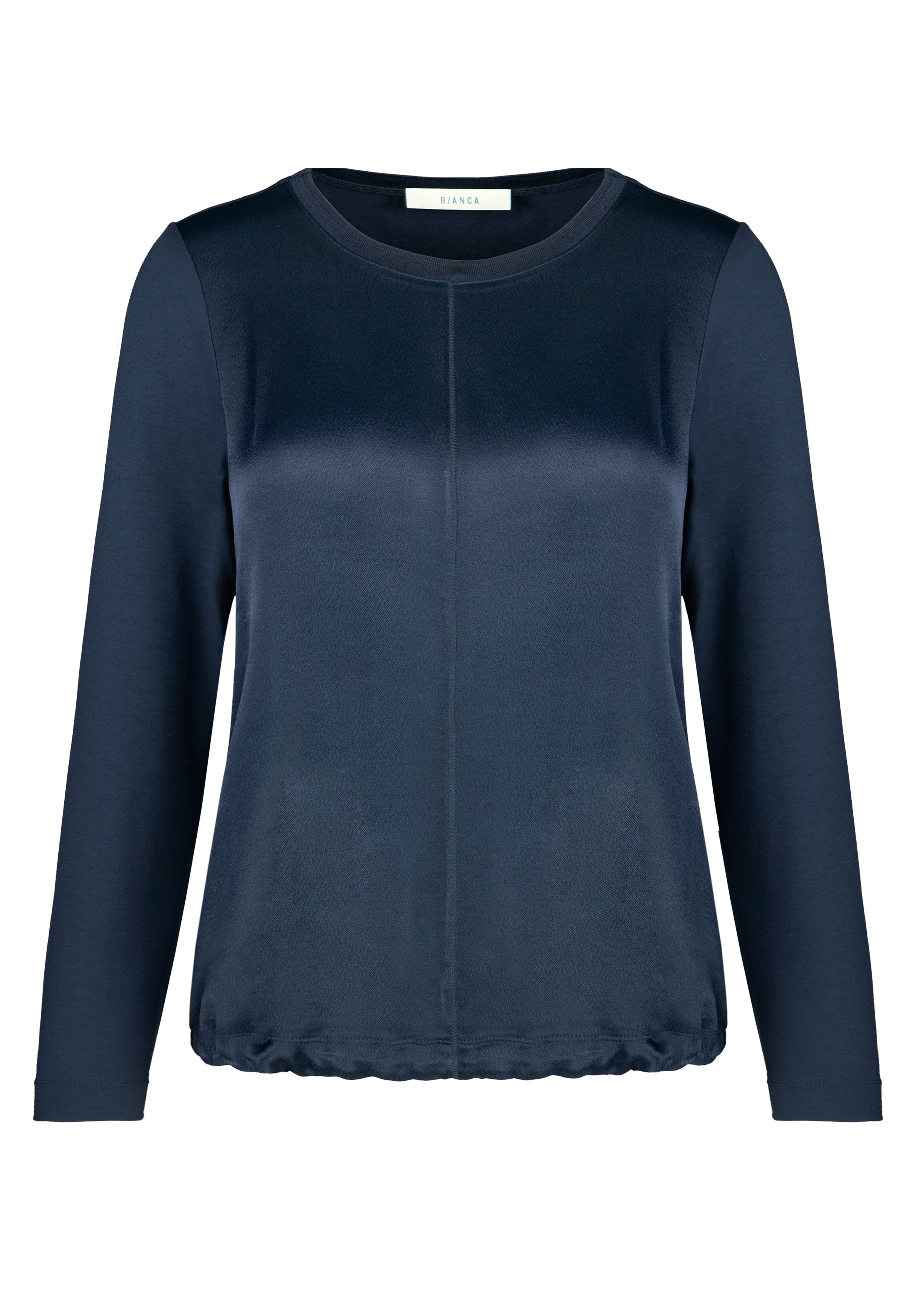 Rundhalsshirt CHARLINE Langärmelige, dunkle, marineblaue Bluse mit rundem Halsausschnitt und dezenter vertikaler Naht auf der Vorderseite, abgebildet auf weißem Hintergrund.