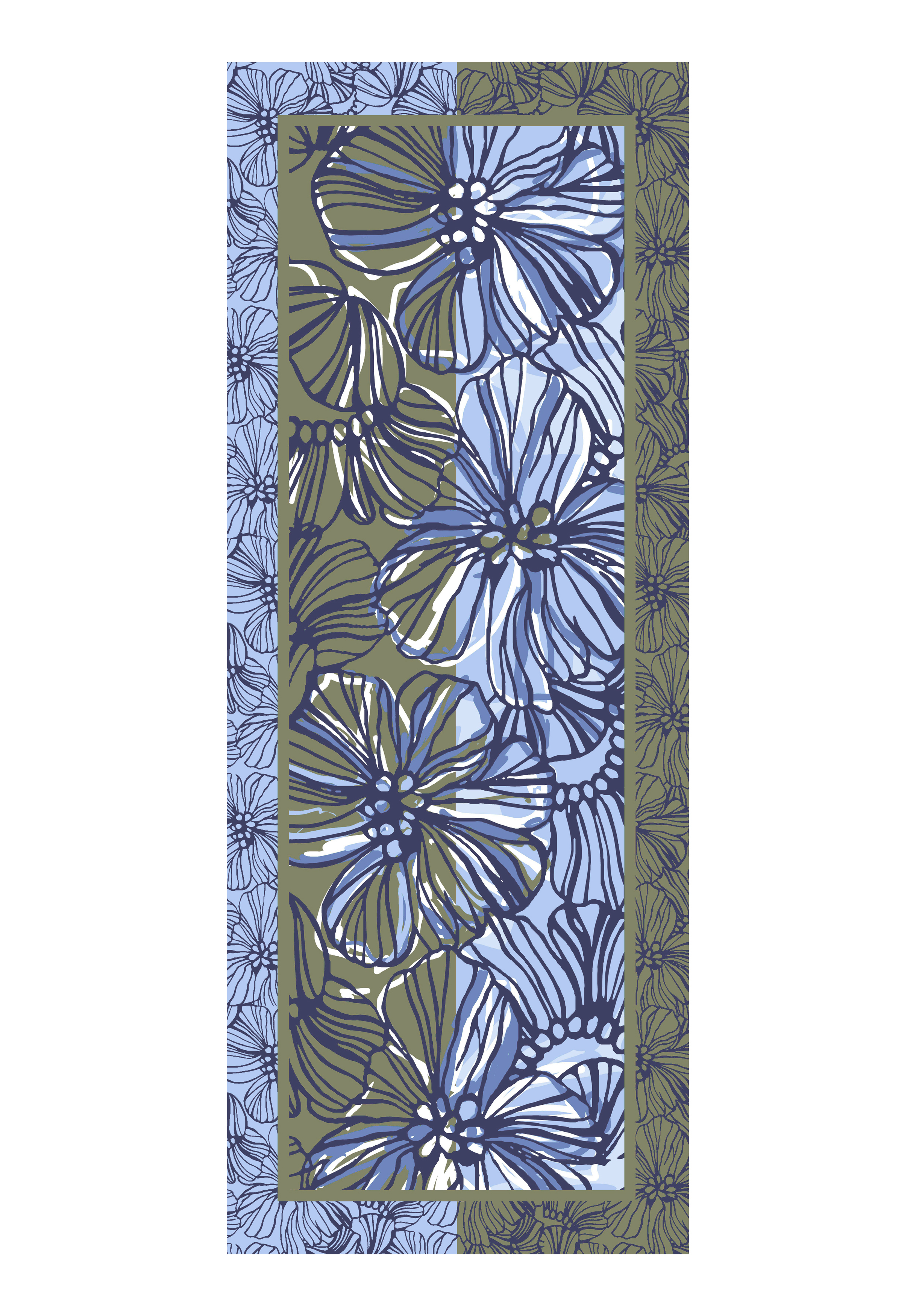 Rechteckiges Design mit großen, überlappenden blauen und weißen Blumen mit dunklen Umrissen in der Mitte, umgeben von einem Rand aus kleineren, dicht gepackten Blumenmustern in Blau- und Olivgrüntönen.