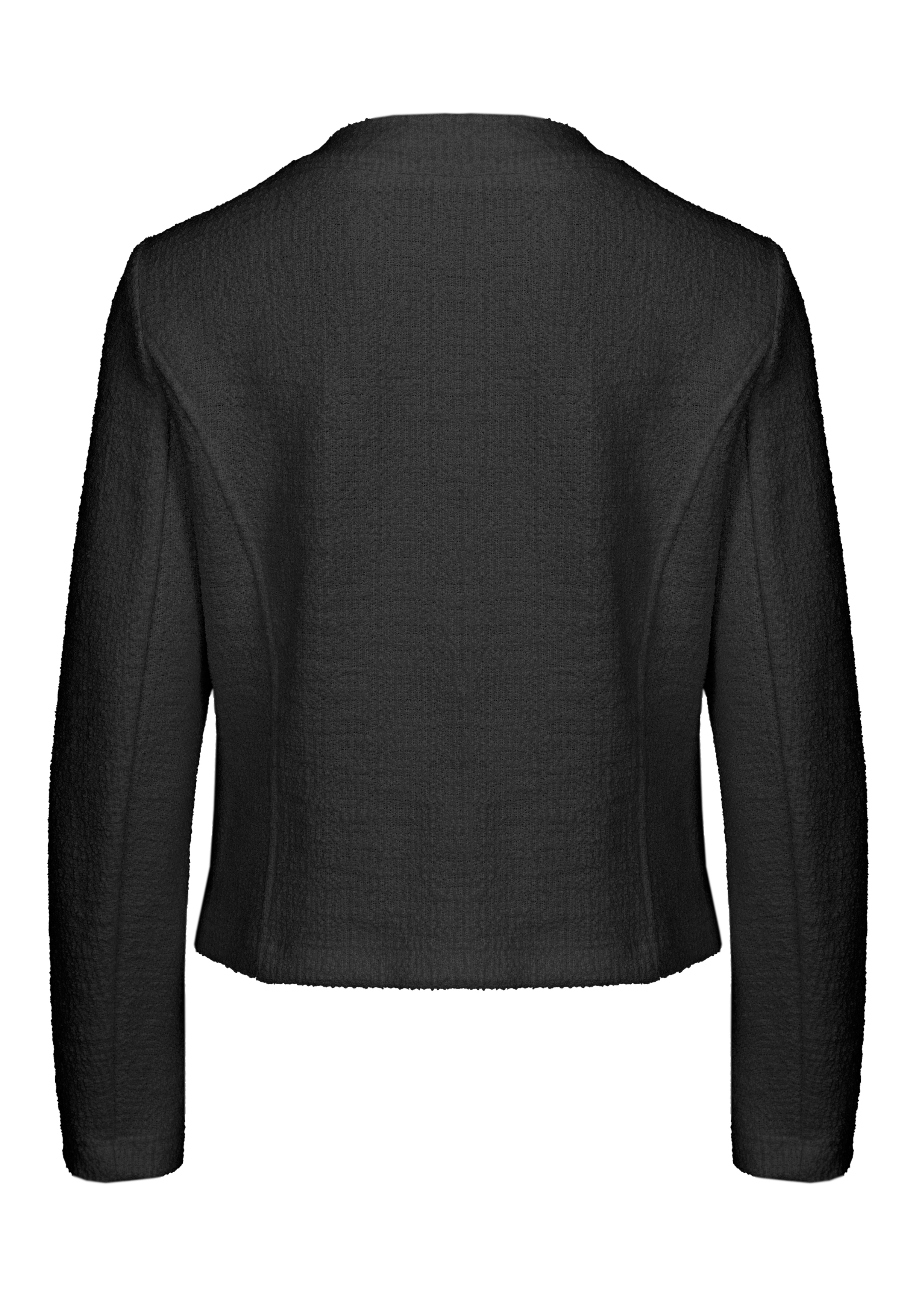 Rückansicht einer schwarzen, strukturierten Langarmjacke mit leicht verkürzter Passform und rundem Ausschnitt, dargestellt auf einem schlichten weißen Hintergrund.