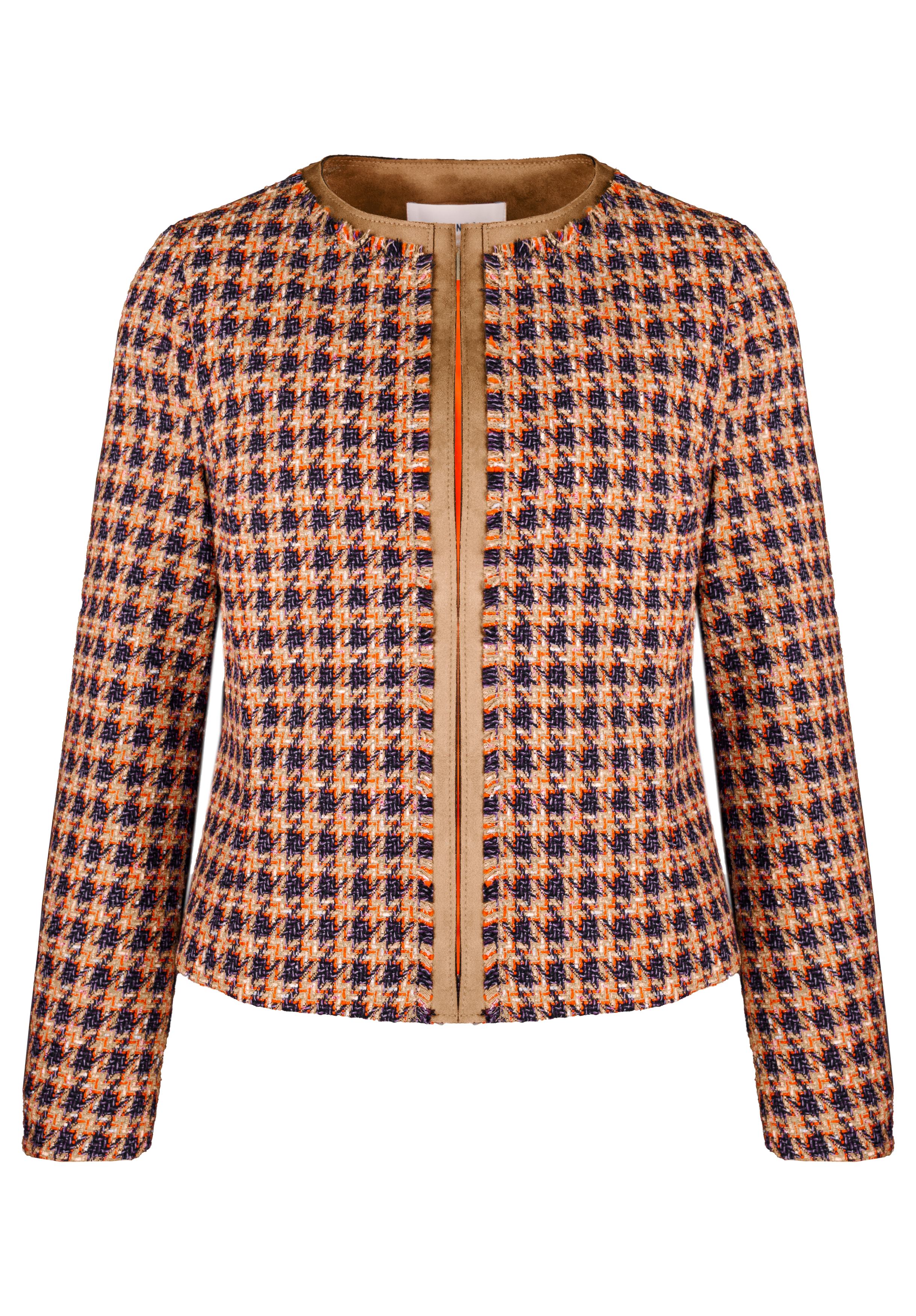 Damenjacke mit Rundhalsausschnitt und Hahnentrittmuster in Orange, Marineblau und Creme. Sie hat lange Ärmel und einen hellbraunen Saum entlang der vorderen Öffnung, mit einer strukturierten und maßgeschneiderten Passform.