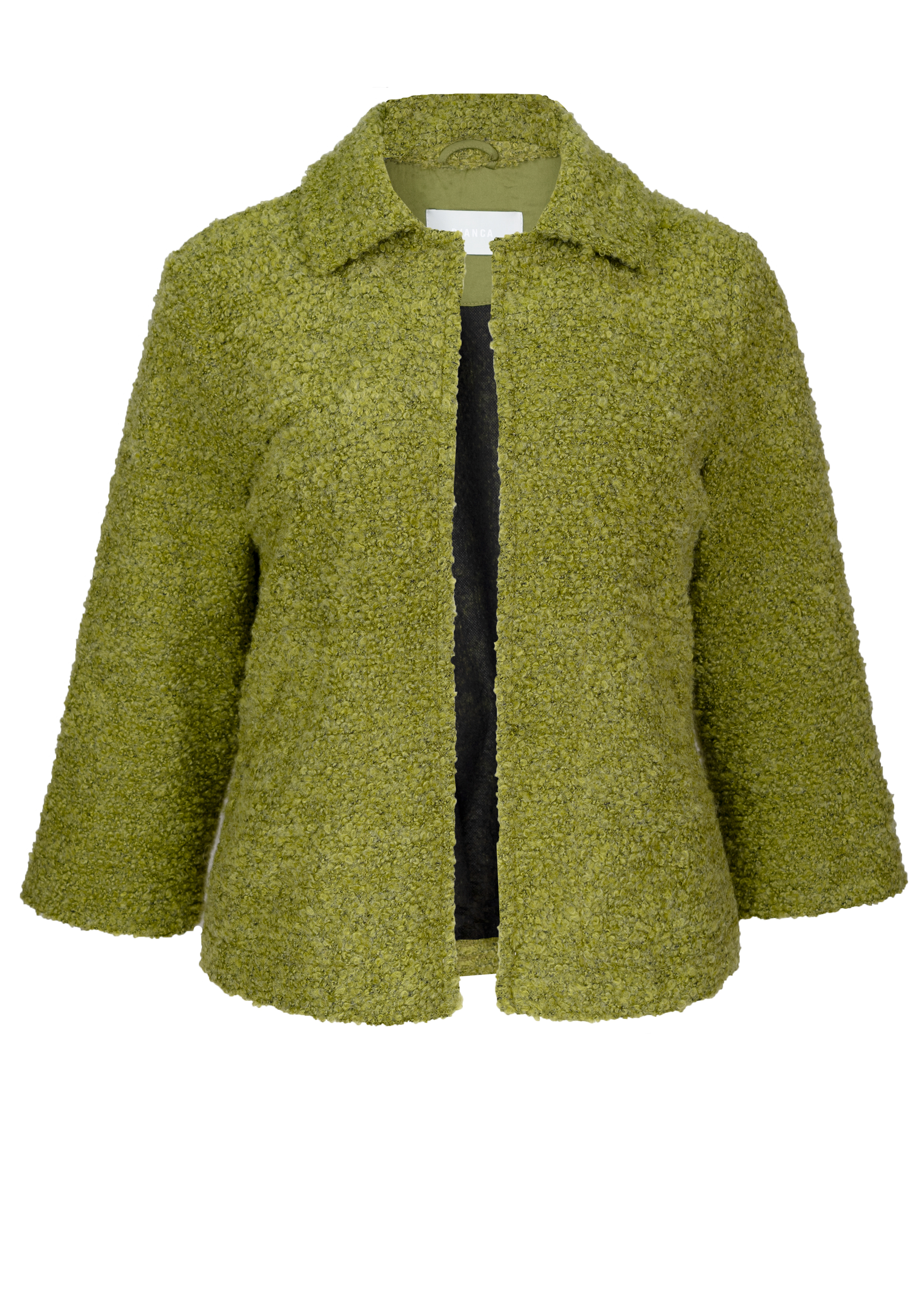 Olivgrüne Bouclé-Jacke mit langen Ärmeln, Kragen und offener Vorderseite. Die Jacke hat eine leicht ausgestellte Silhouette und keine sichtbaren Verschlüsse.