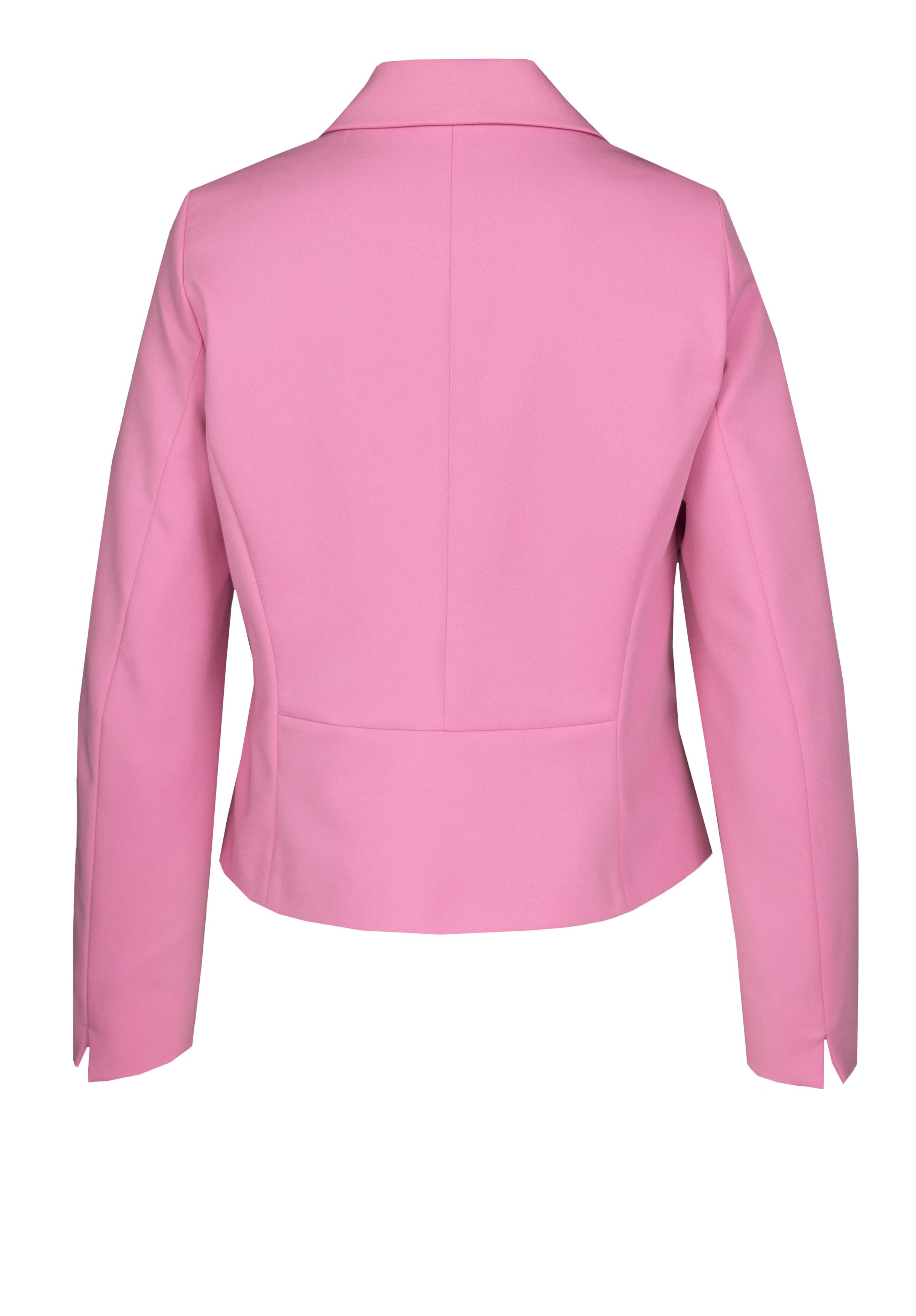 Rückansicht eines maßgeschneiderten rosa Blazers mit langen Ärmeln und Reverskragen vor weißem Hintergrund.