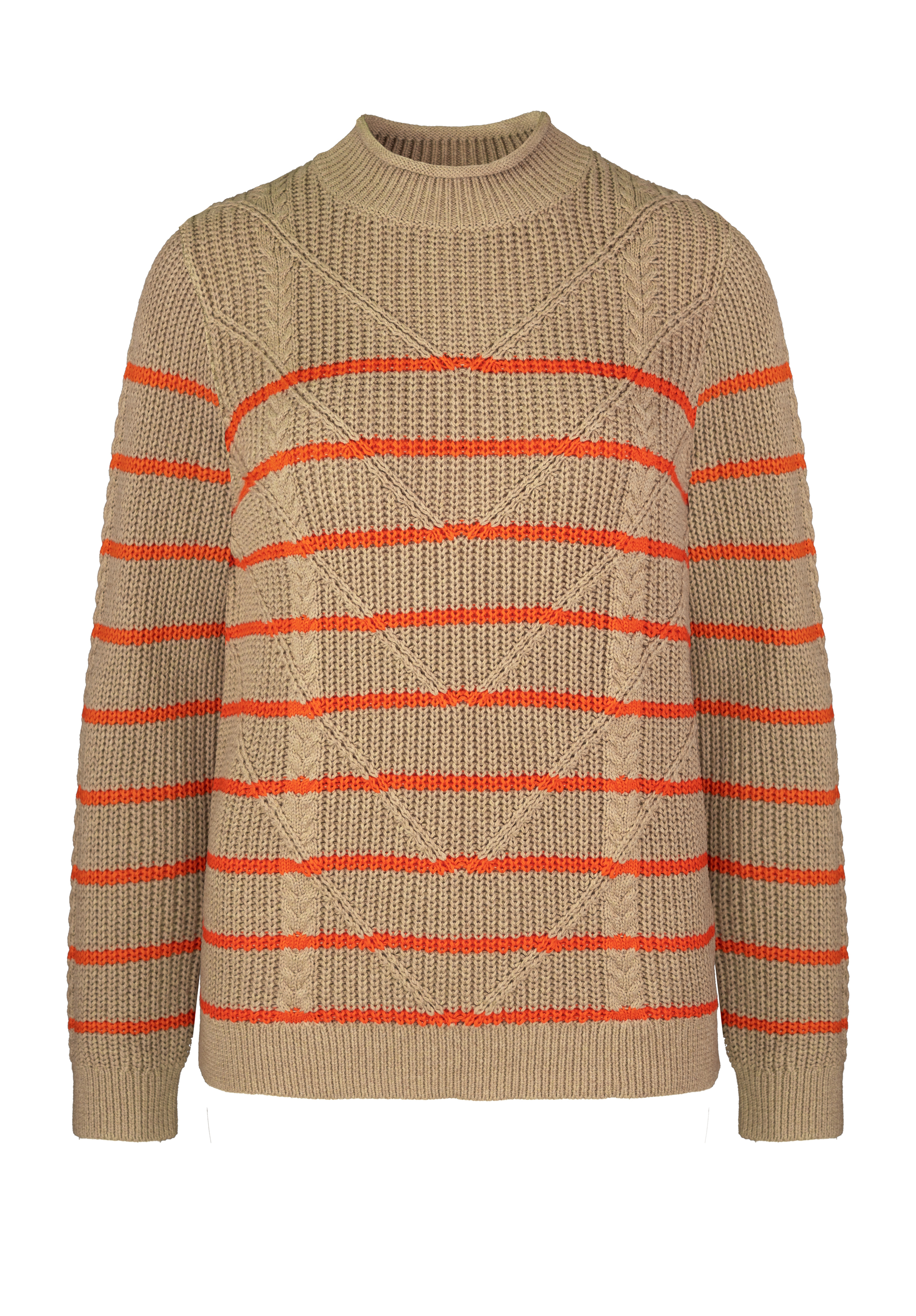 Beigefarbener Strickpullover mit orangefarbenen Querstreifen und einem strukturierten Zopfmuster auf der Vorderseite, mit geripptem Rundhalsausschnitt, Bündchen und Saum.