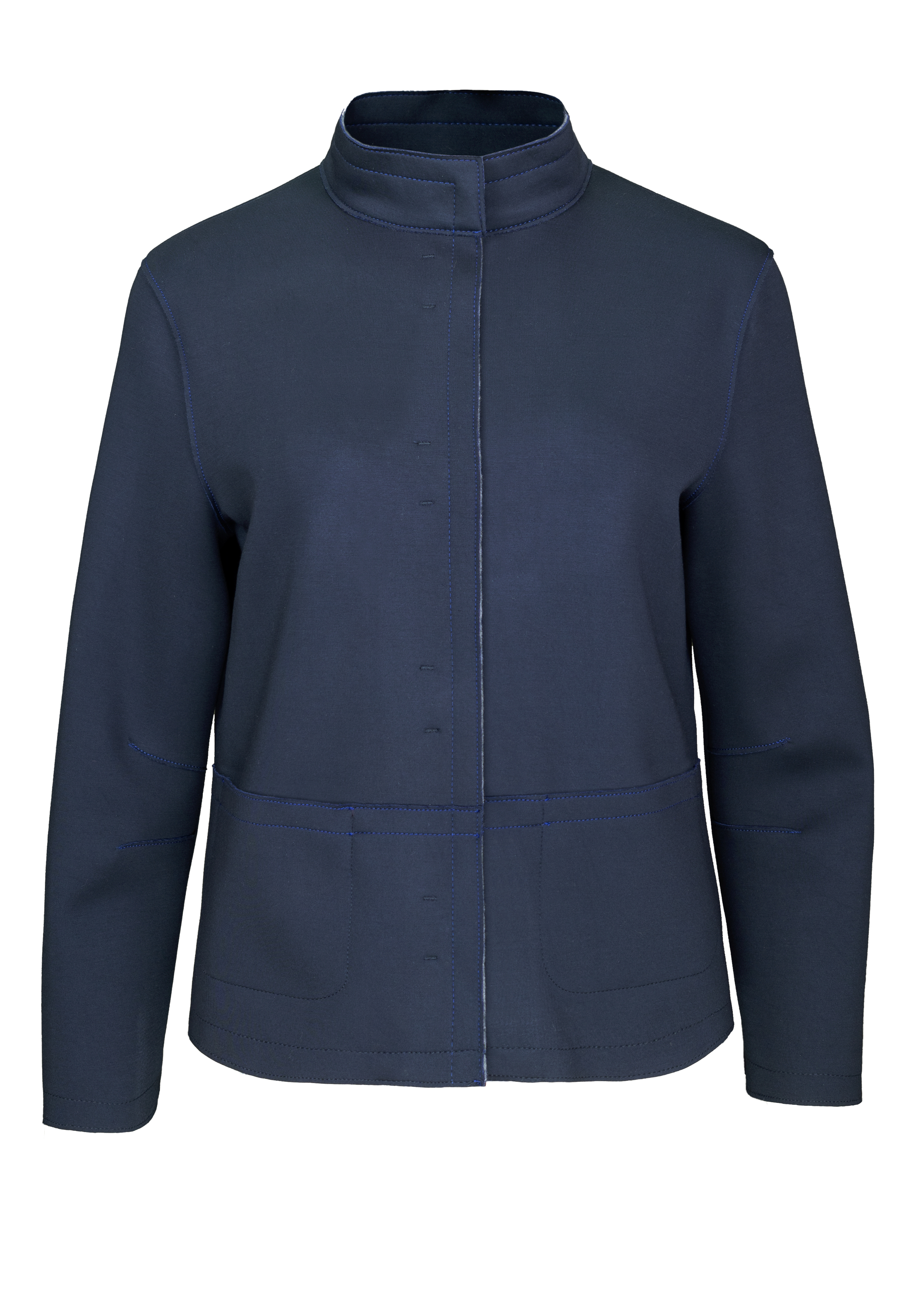 Dunkelblaue, langärmelige Jacke mit Stehkragen, Nahtdetails auf der Vorderseite, zwei Taschen auf der Vorderseite und verdecktem Verschluss auf der Vorderseite auf einfarbig weißem Hintergrund.