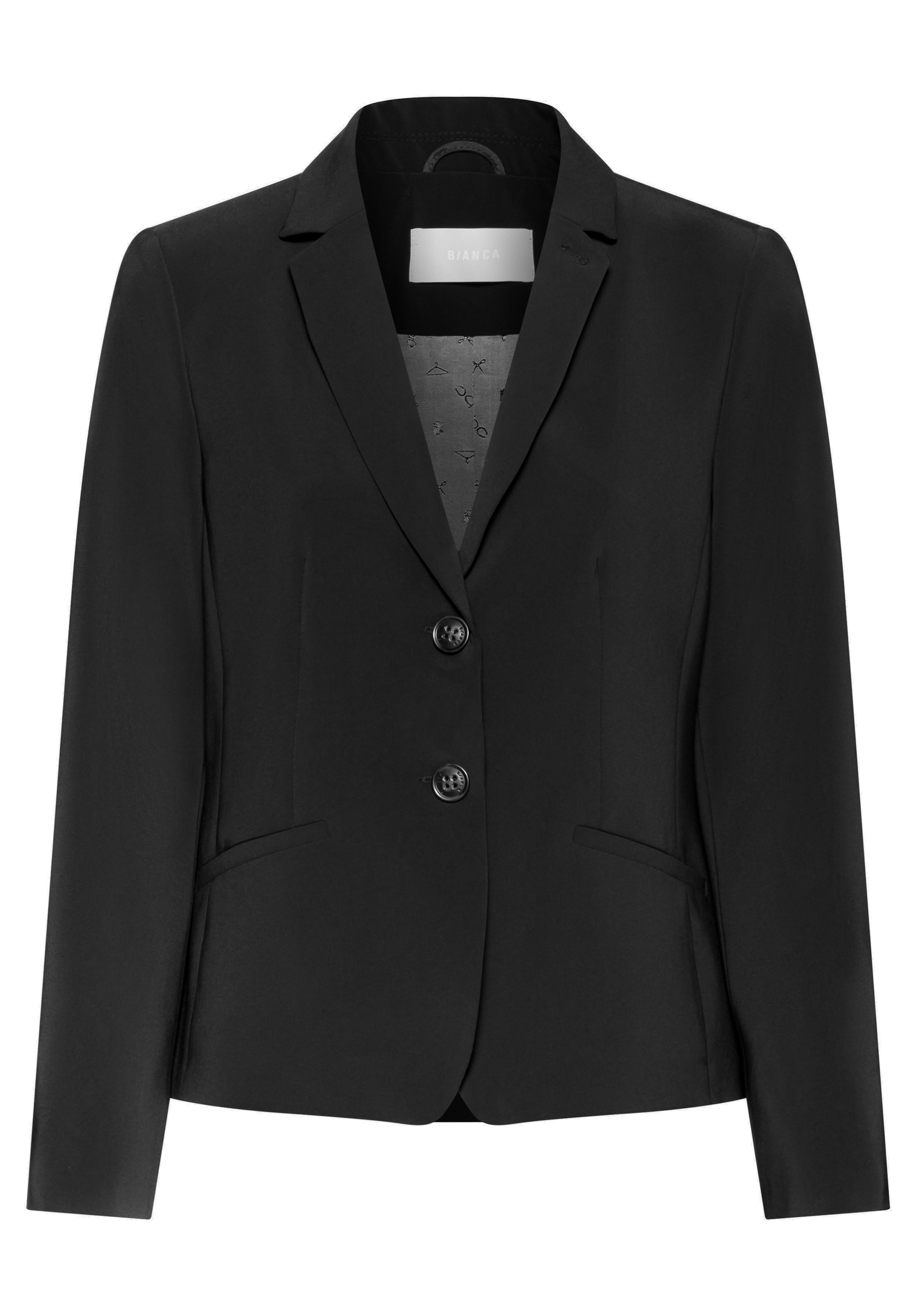Ein schwarzer, taillierter Damenblazer mit Revers, zwei Knöpfen vorne, langen Ärmeln und zwei Fronttaschen. Das Innenfutter ist oben sichtbar.