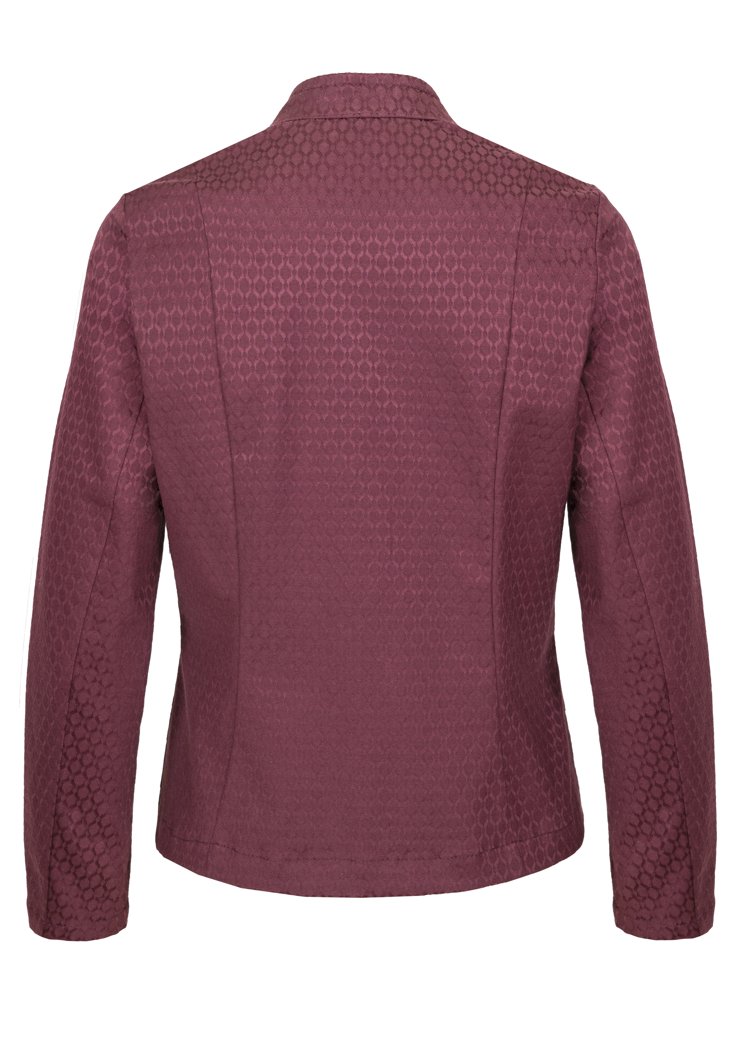 Rückansicht eines langärmeligen, dunkellila Blazers mit dezentem geometrischem Muster und tailliertem Schnitt. Der Stoff glänzt leicht, die Jacke weist auf der Rückseite keine sichtbaren Verzierungen oder Verschlüsse auf.