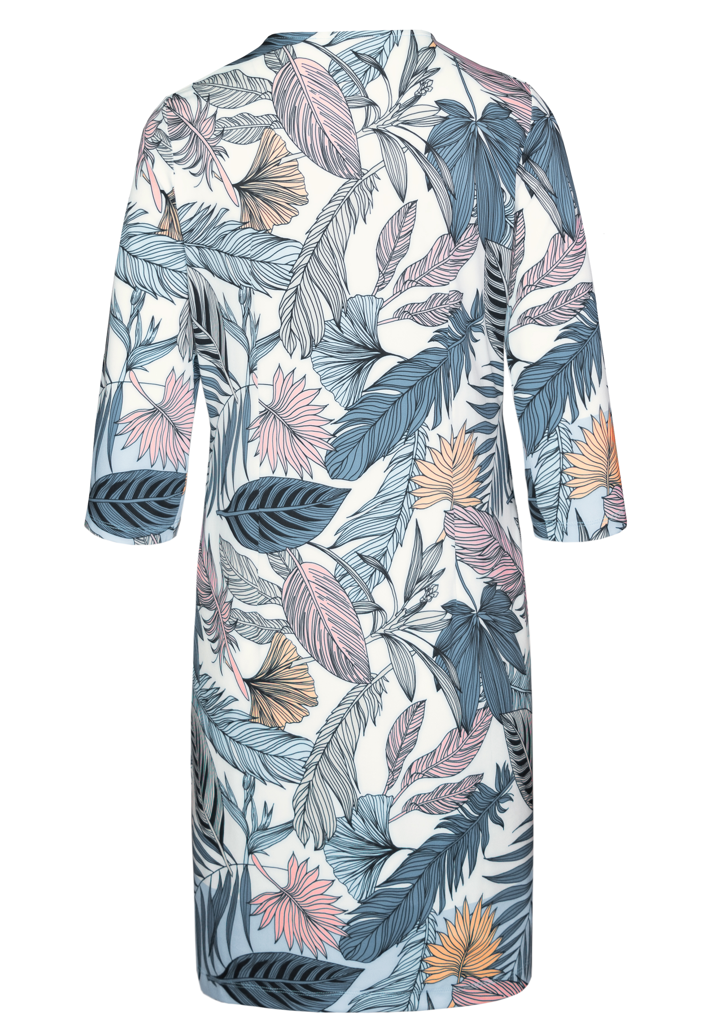 Ein knielanges Kleid mit halblangen Ärmeln, mit einem farbenfrohen tropischen Blatt- und Blumendruck in Blau-, Rosa- und Pfirsichtönen auf weißem Hintergrund. Das Kleid ist von hinten abgebildet.