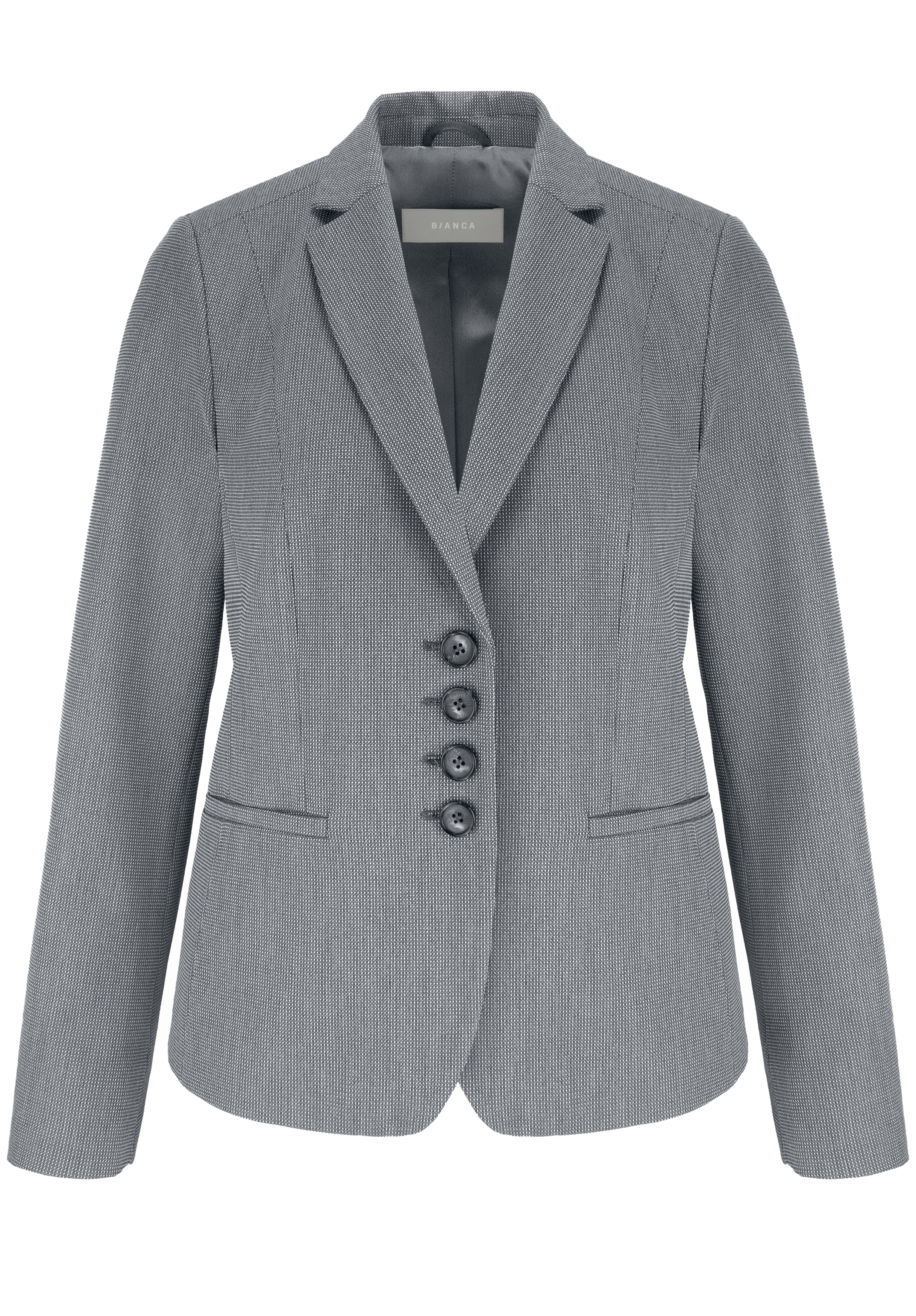 Grauer Damenblazer mit gekerbtem Revers, langen Ärmeln, vier Knöpfen auf der Vorderseite und zwei Vordertaschen. Die Jacke ist mit dezenten vertikalen Streifen geschnitten und hat ein strukturiertes, professionelles Aussehen.