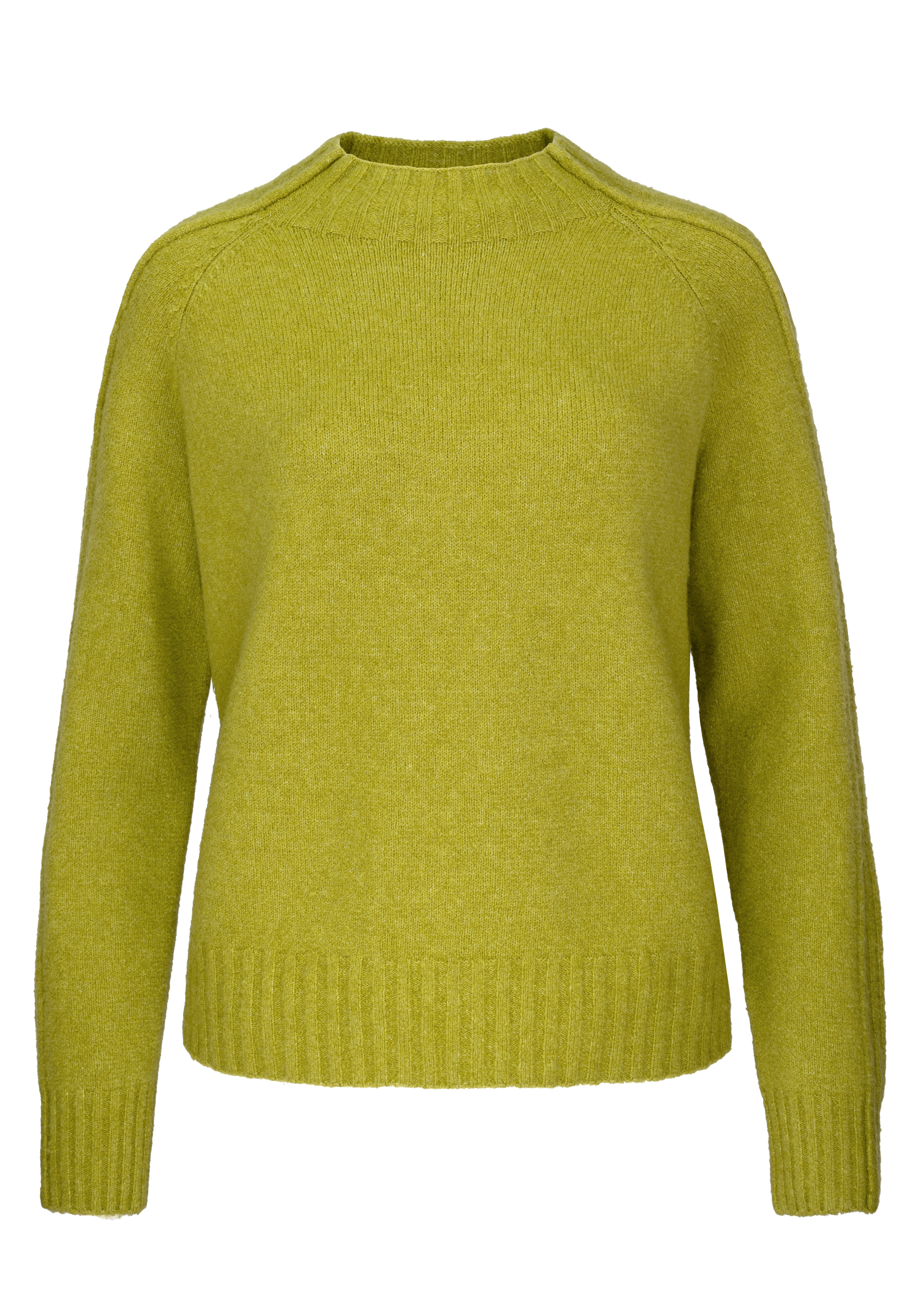 Ein limettengrüner, langärmeliger Strickpullover mit Rundhalsausschnitt und gerippten Bündchen, Saum und Kragen auf weißem Hintergrund.