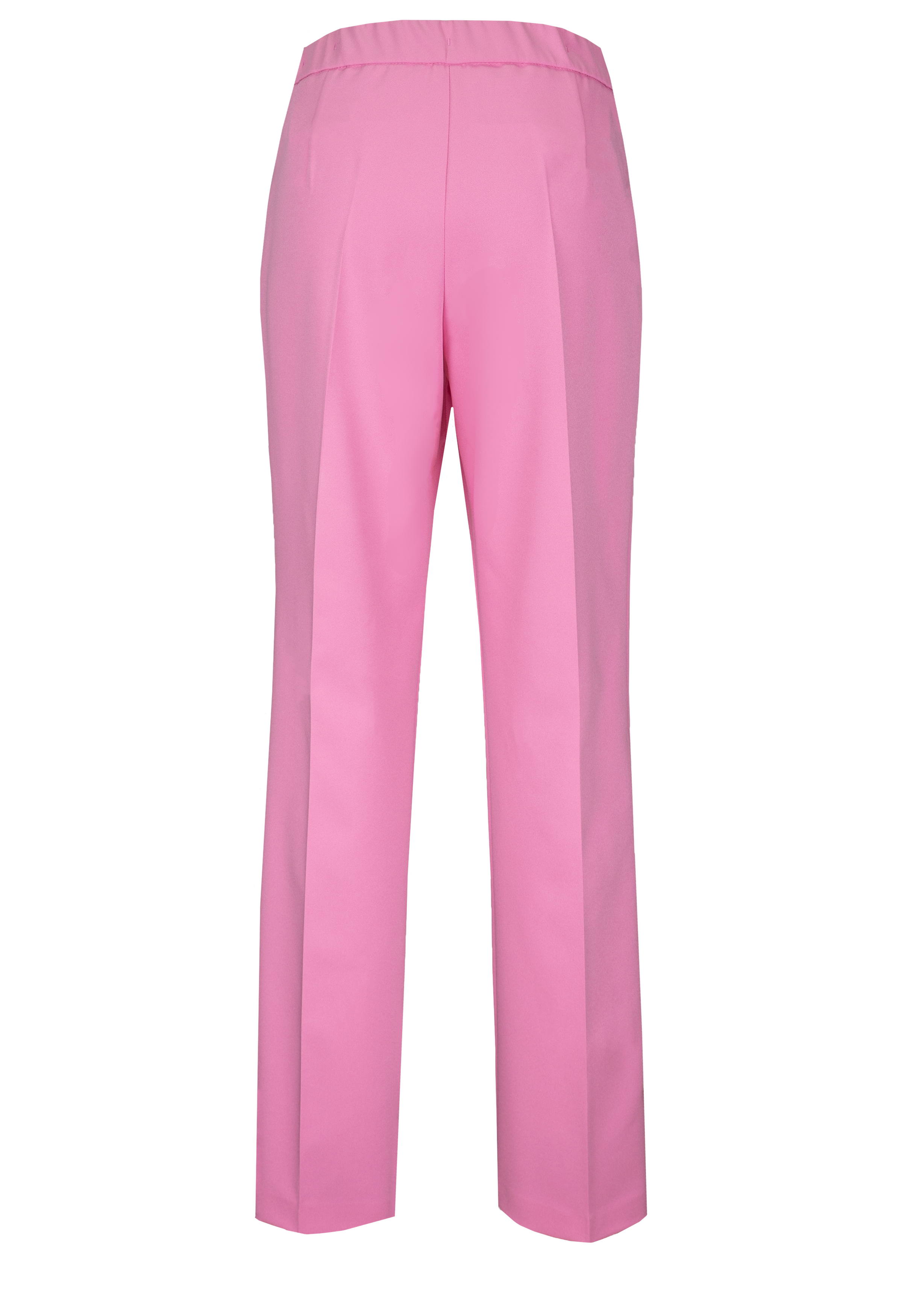 Rückansicht einer rosa Hose mit geradem Bein und hoher Taille, elastischem Bund und dezenten Nahtdetails.