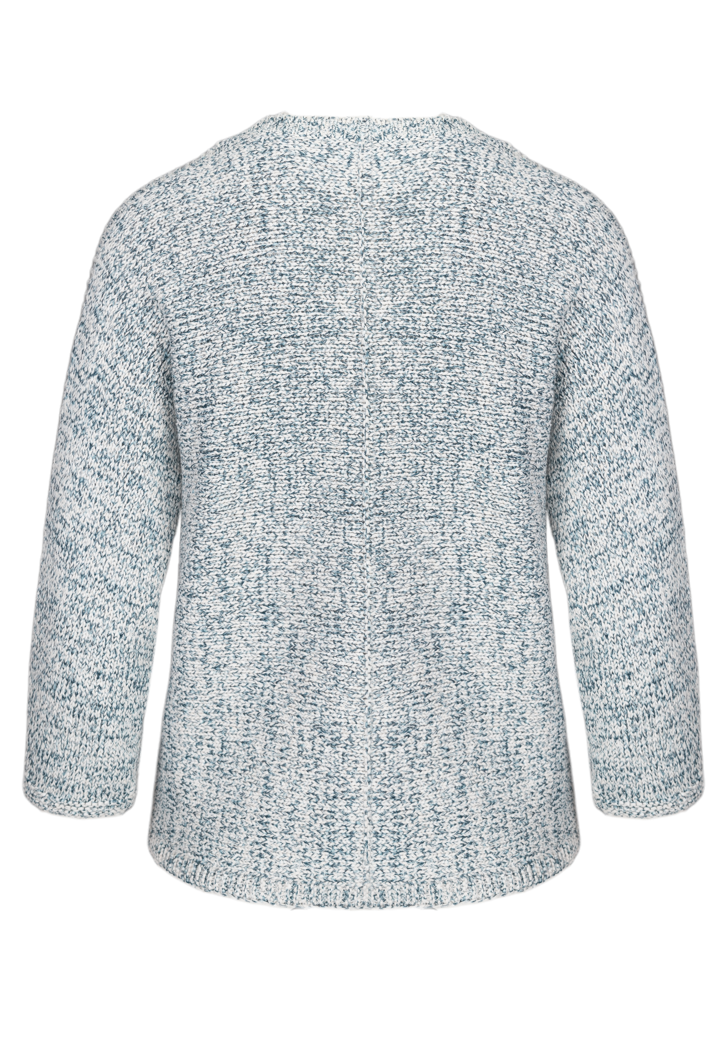 Rückansicht eines hellgrau-blau gesprenkelten Strickpullovers mit langen Ärmeln und lockerer Passform. Der Pullover hat ein strukturiertes Muster und einen runden Ausschnitt.
