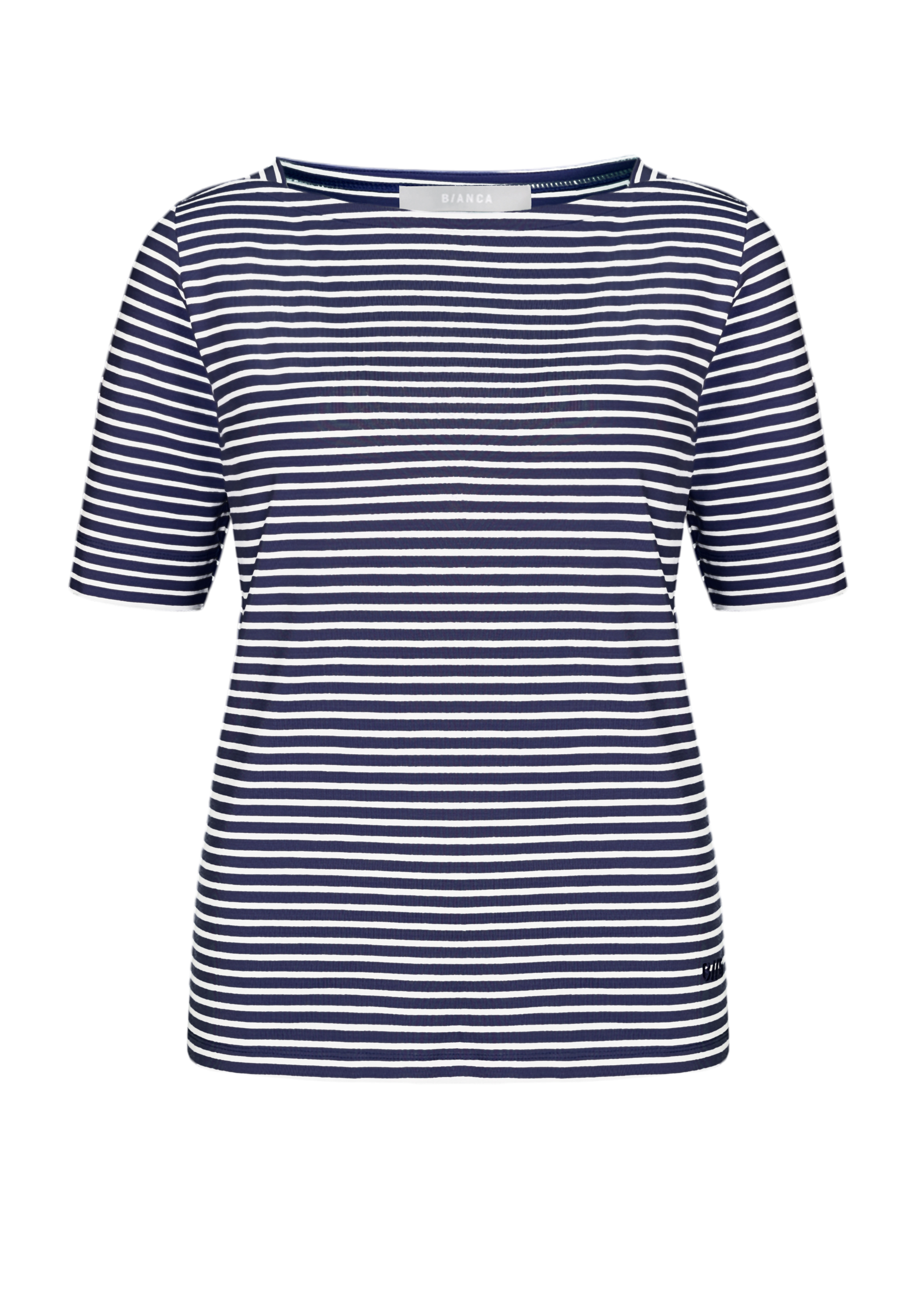 Marineblaues und weiß gestreiftes Kurzarm-T-Shirt auf schlichtem weißem Hintergrund. Das Shirt hat einen Rundhalsausschnitt und eine lockere Passform.