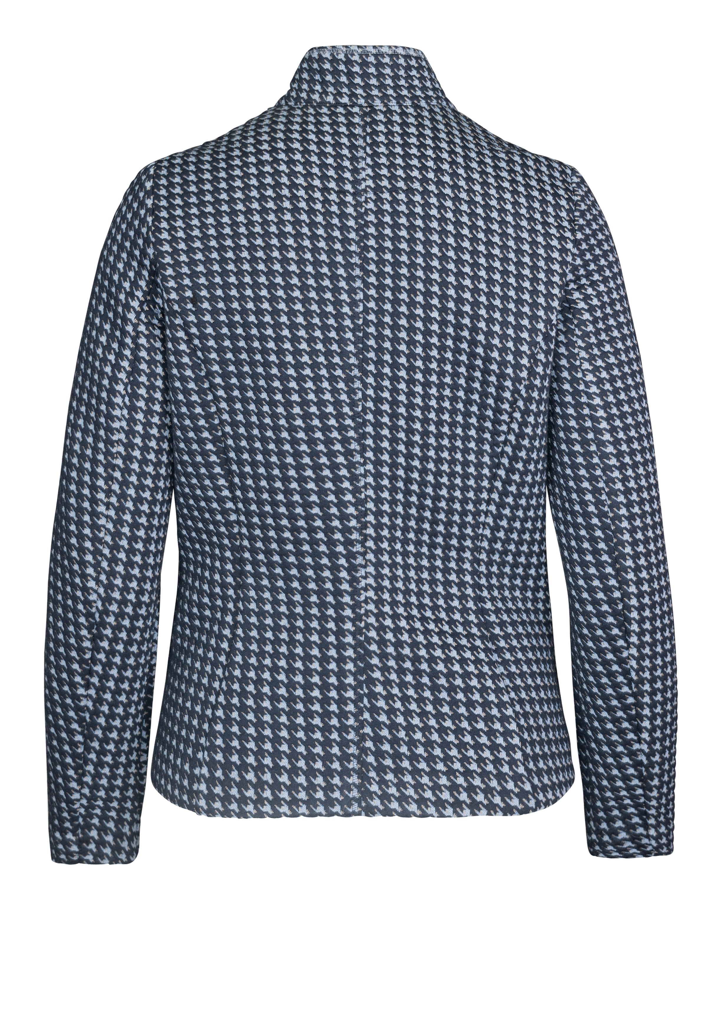 Rückenansicht einer maßgeschneiderten Jacke mit schwarz-weißem Hahnentrittmuster, langen Ärmeln und taillierter Silhouette.