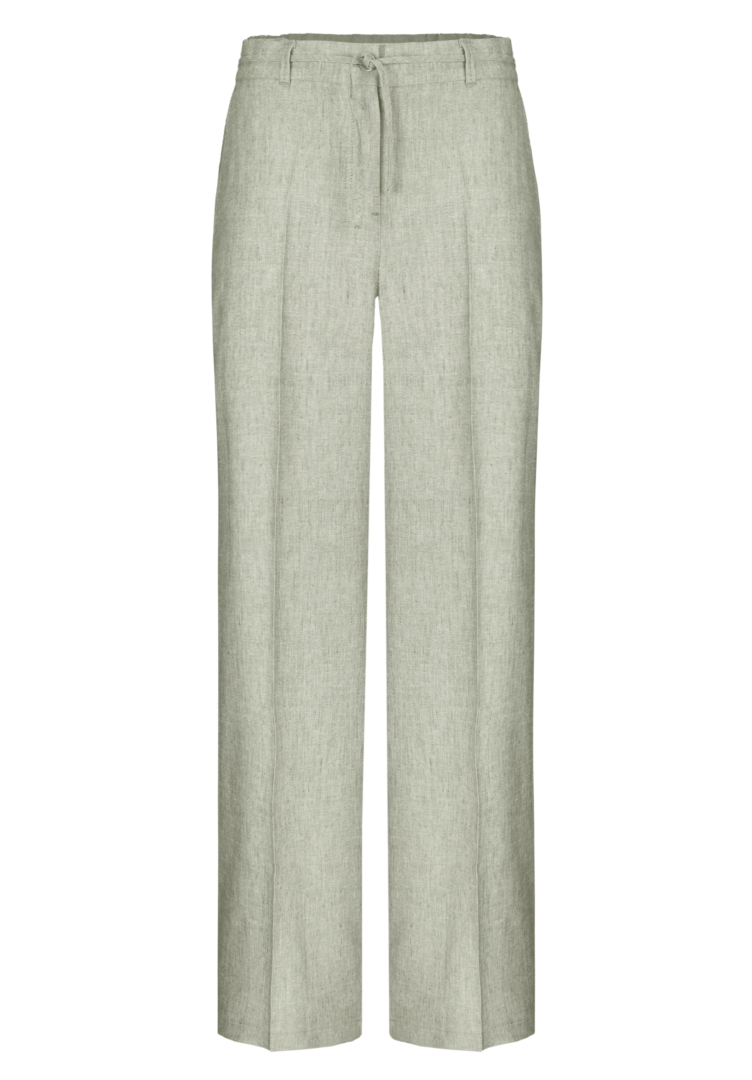 Hellgraue Leinenhose mit geradem Bein, Kordelzug in der Taille und Gürtelschlaufen vor schlichtem weißem Hintergrund.