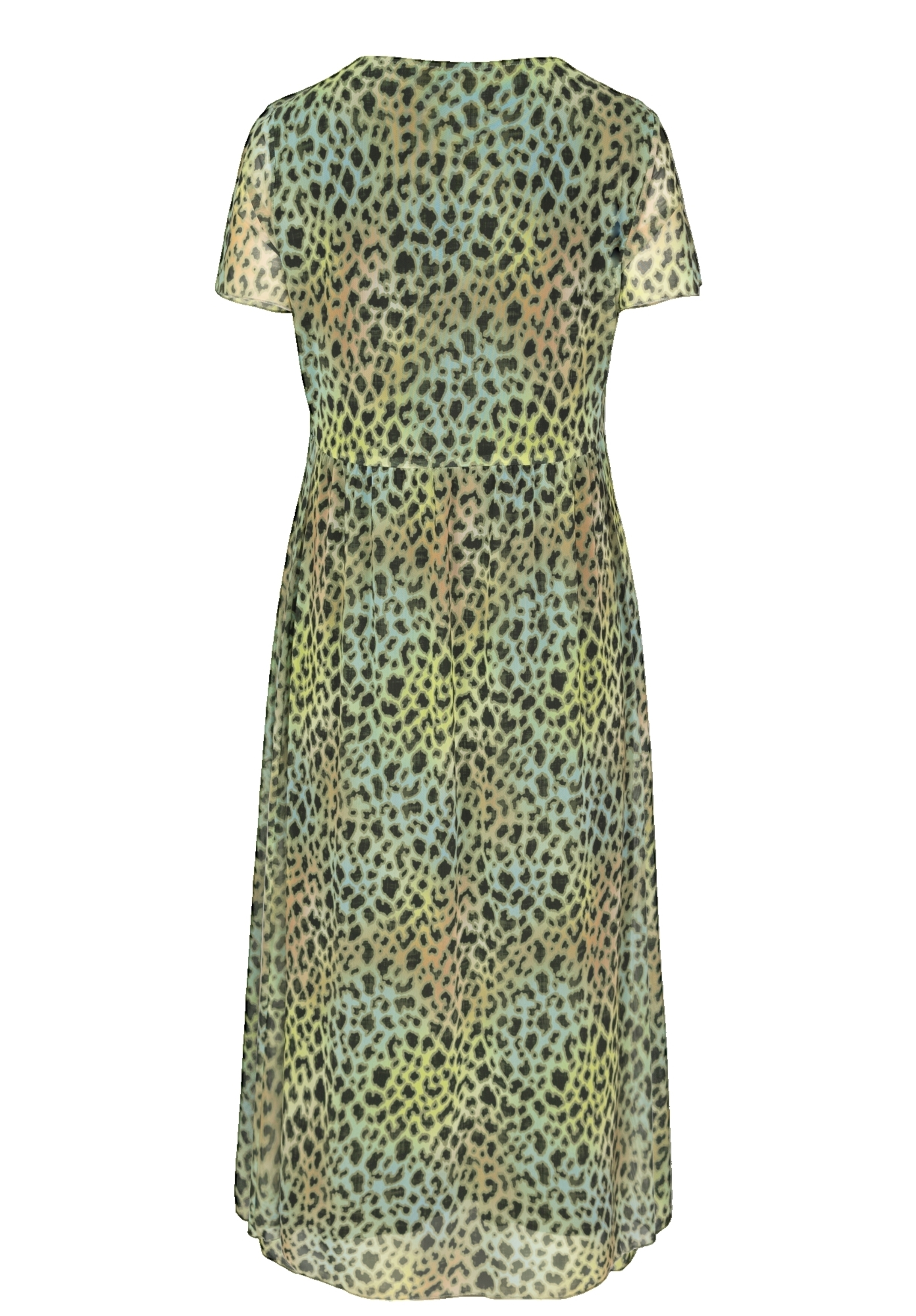 Ein knielanges Kleid mit kurzen Ärmeln und einem grün-gelben Leopardenmuster. Das Bild zeigt die Rückansicht des Kleides vor weißem Hintergrund.