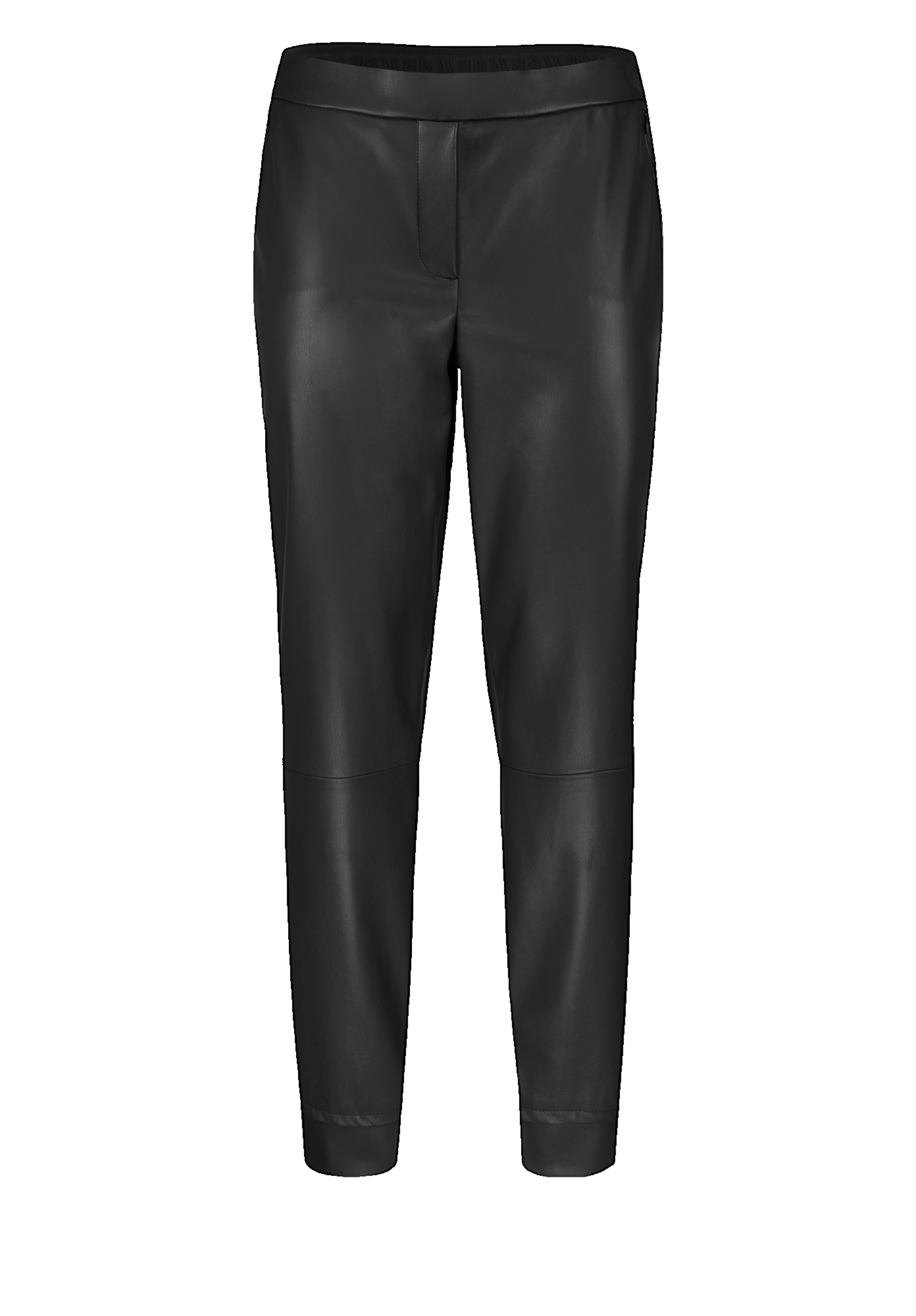 Schwarze Kunstlederhose mit schmaler Passform, geradem Bein und elastischem Bund, abgebildet vor weißem Hintergrund.