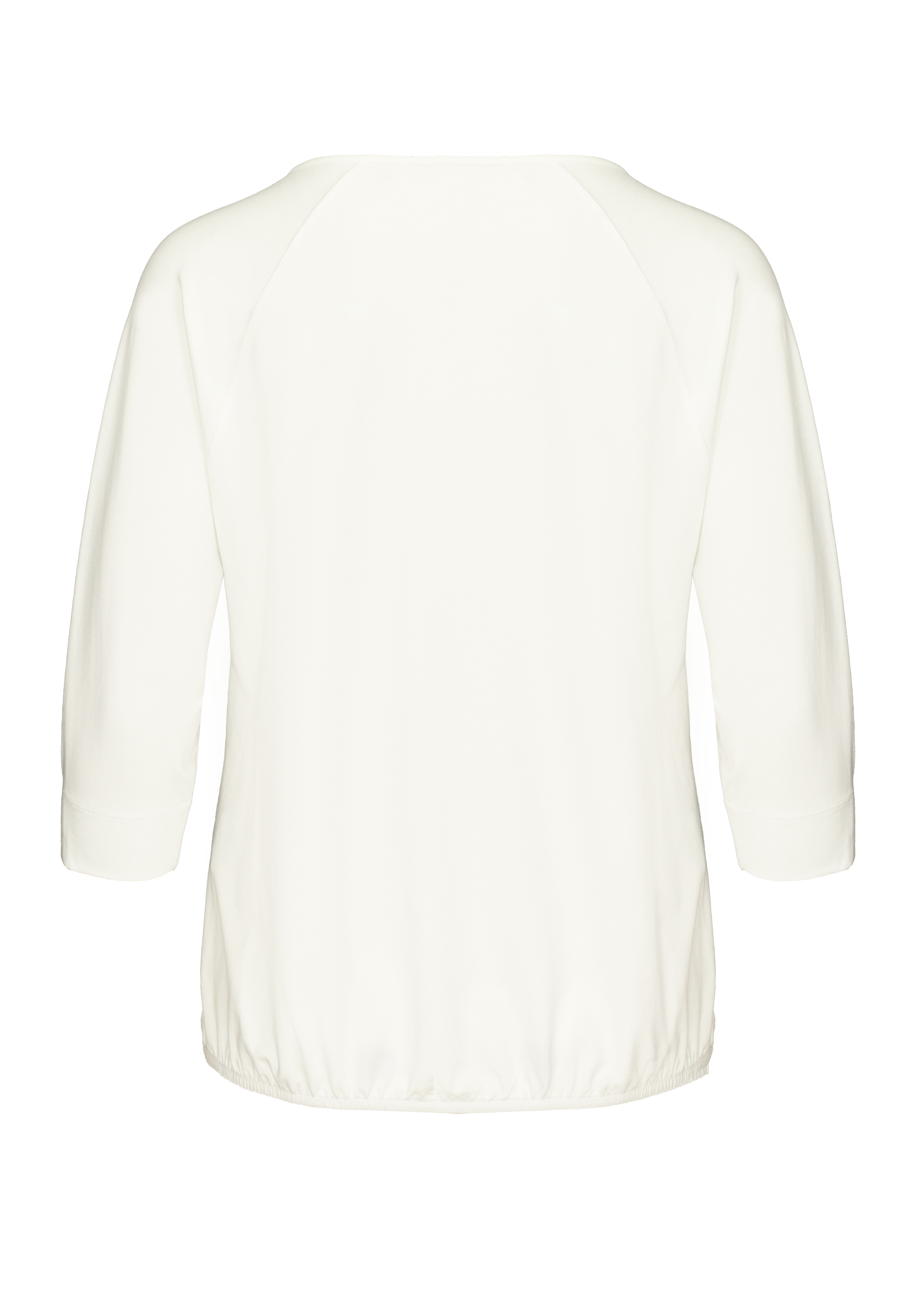 Rückenansicht einer schlichten weißen langärmeligen Bluse mit Raglanärmeln und einem elastischen Saum. Die Bluse hat eine einfache, lockere Passform und keine sichtbaren Muster oder Verzierungen.