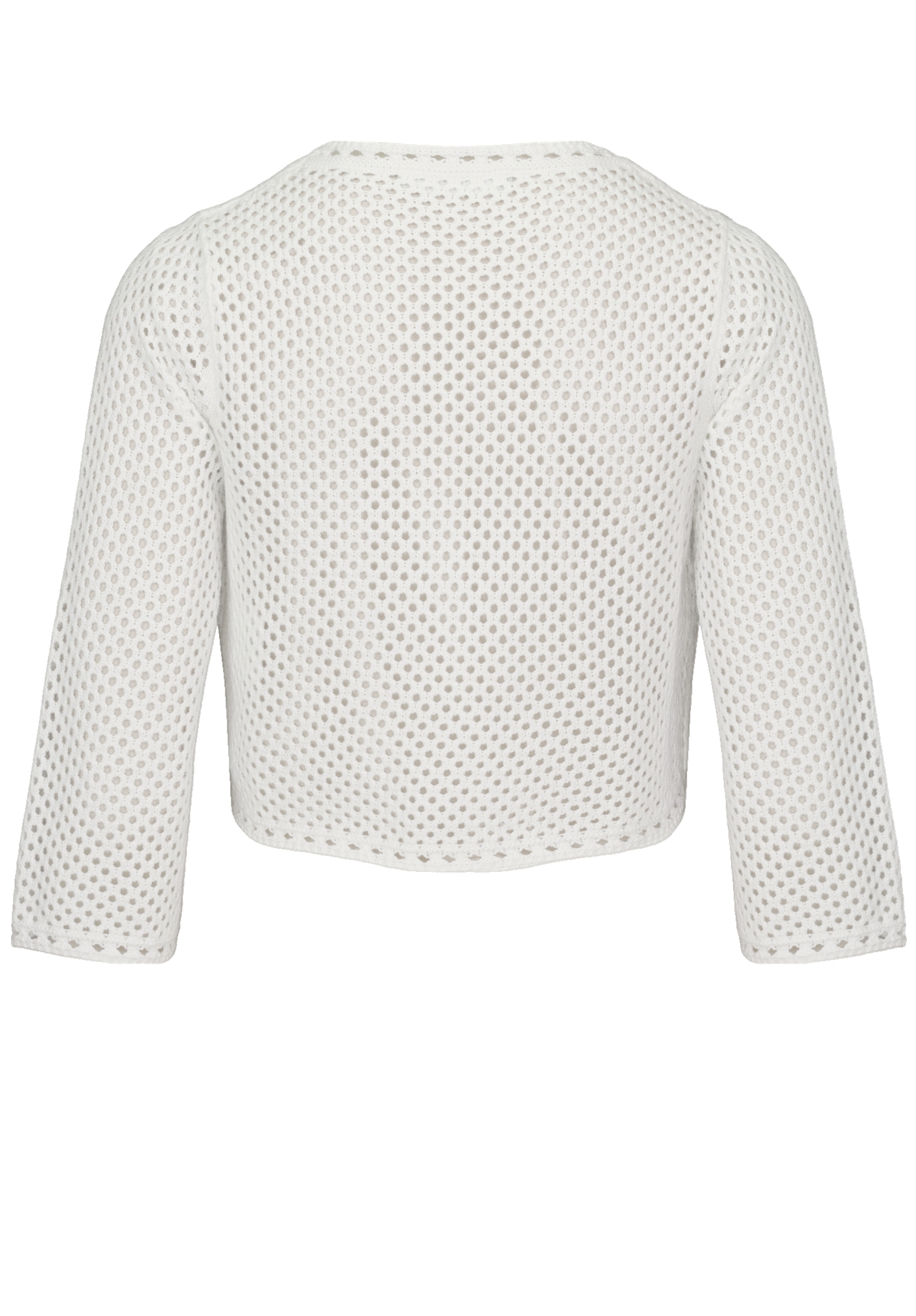 Ein weißer, langärmeliger Pullover aus Lochstrick oder Netzstoff, von hinten gezeigt, mit verkürzter Länge und rundem Ausschnitt.