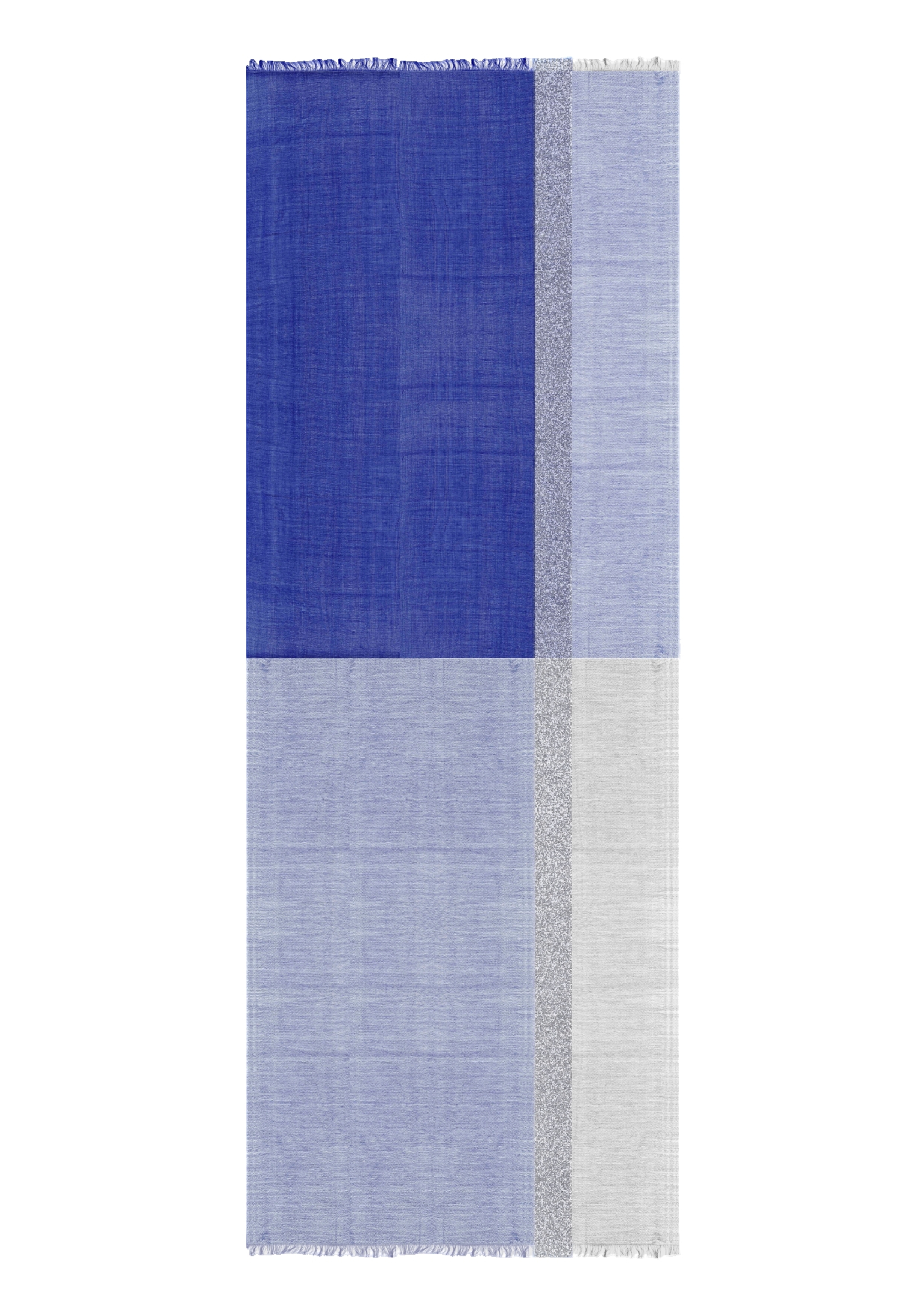 Ein rechteckiges Textil mit Farbblockdesign aus blauen, hellblauen, grauen und weißen Abschnitten, getrennt durch einen dünnen, strukturierten vertikalen Streifen. Die Kanten sind mit dezenten Fransen verziert.