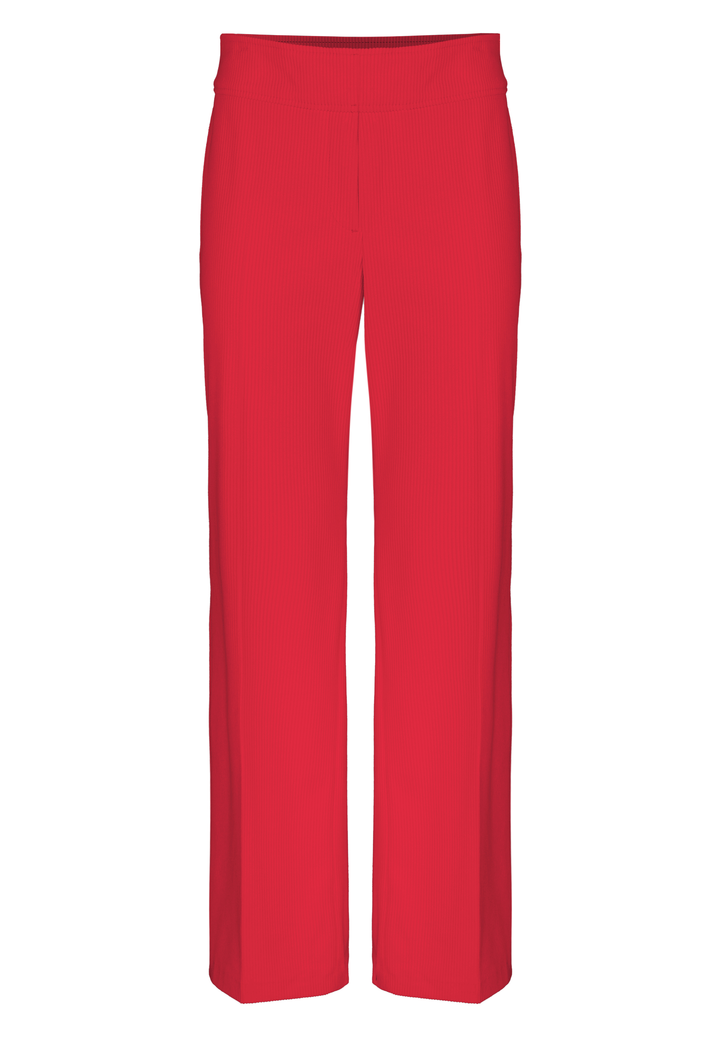 Leuchtend rote Damenhosen mit geradem Bein und hoher Taille ohne sichtbare Taschen oder Verzierungen, vor weißem Hintergrund.