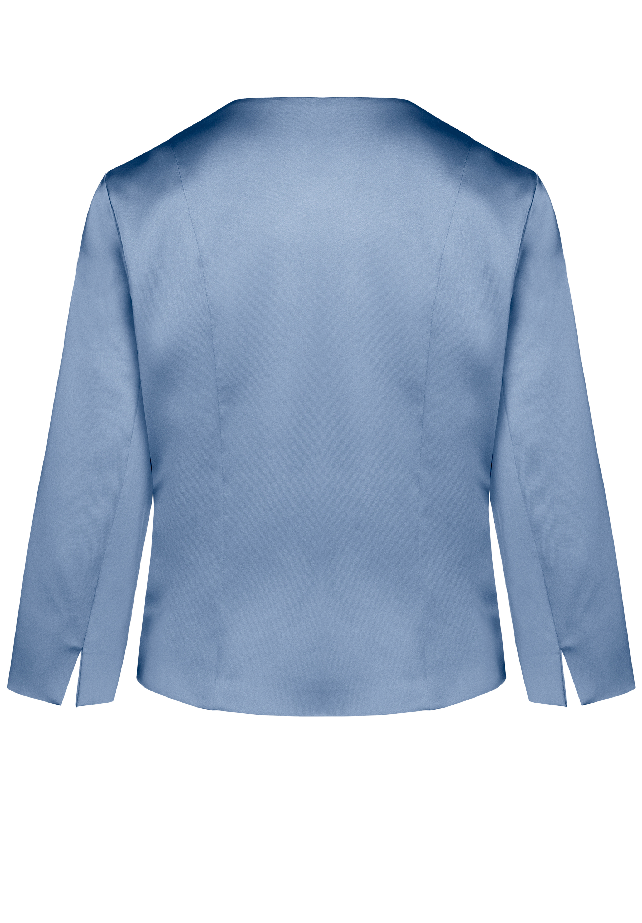 Hellblauer Damenblazer von hinten, mit langen Ärmeln, taillierter Passform und glattem, unifarbenem Stoff. Der Blazer hat keine sichtbaren Verzierungen, Knöpfe oder Taschen.