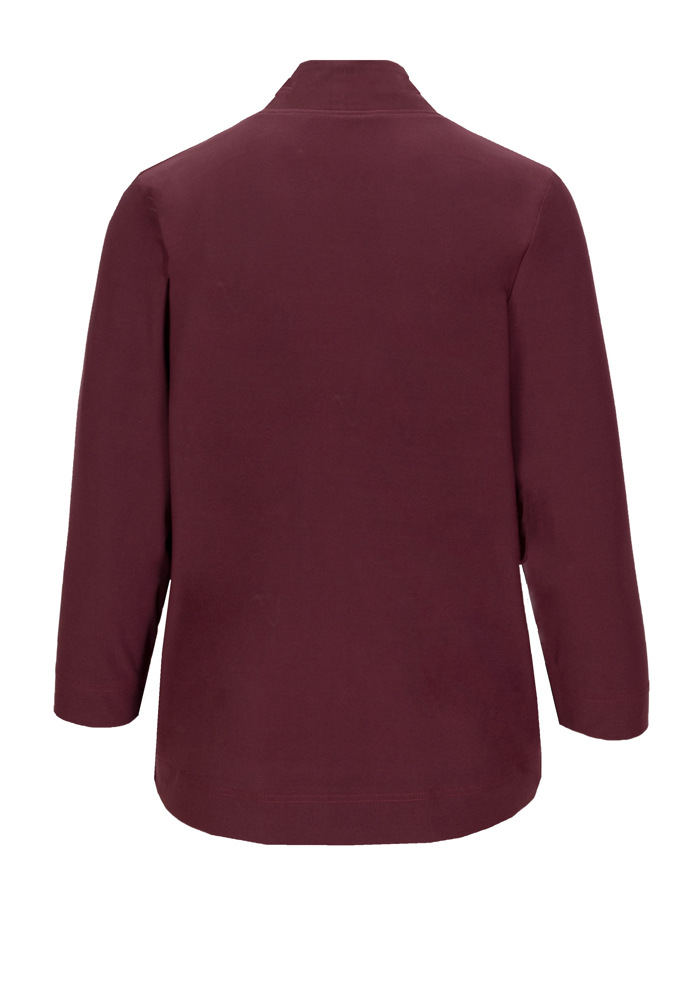 Rückansicht eines langärmeligen, kastanienbraunen oder weinroten Hemdes oder einer Jacke auf schlichtem weißem Hintergrund. Das Kleidungsstück scheint eine lockere Passform und einen Kragen zu haben.