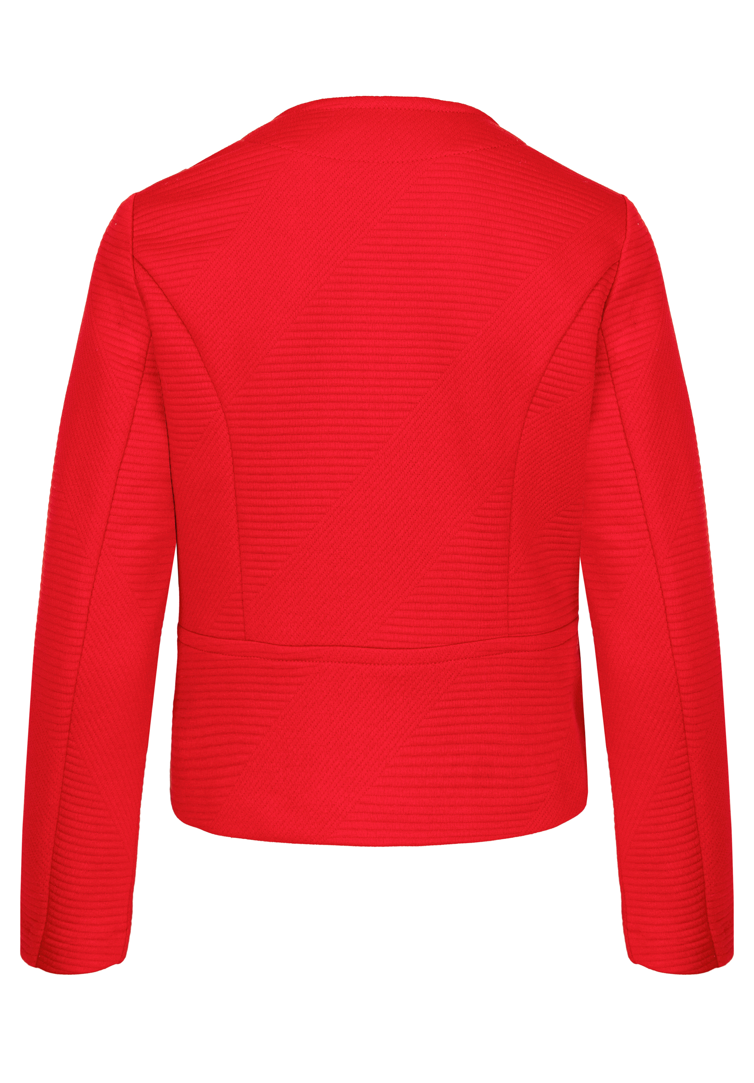 Eine leuchtend rote, langärmelige Damenjacke ist von hinten zu sehen. Sie zeichnet sich durch maßgeschneiderte Nähte, einen runden Ausschnitt und einen leicht verkürzten Saum aus. Der Stoff weist ein dezentes, strukturiertes Muster auf.