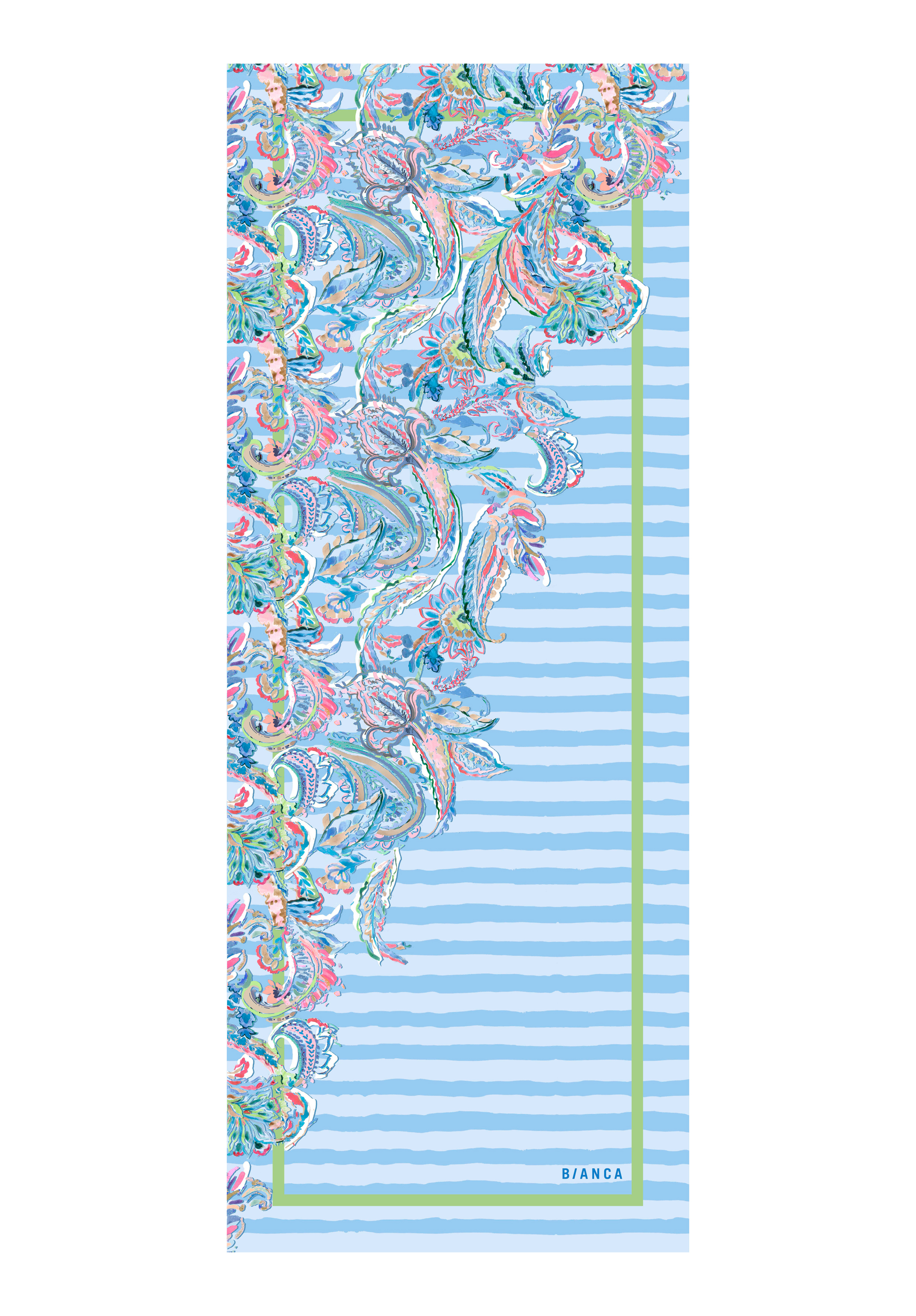 Rechteckiges Design mit pastellblauen und weißen Querstreifen. Auf der linken Seite ist ein farbenfrohes, wirbelndes Paisley-Muster in Rosa, Grün, Blau und Lila zu sehen. In der rechten unteren Ecke steht in weißer Schrift „BIANCA“.
