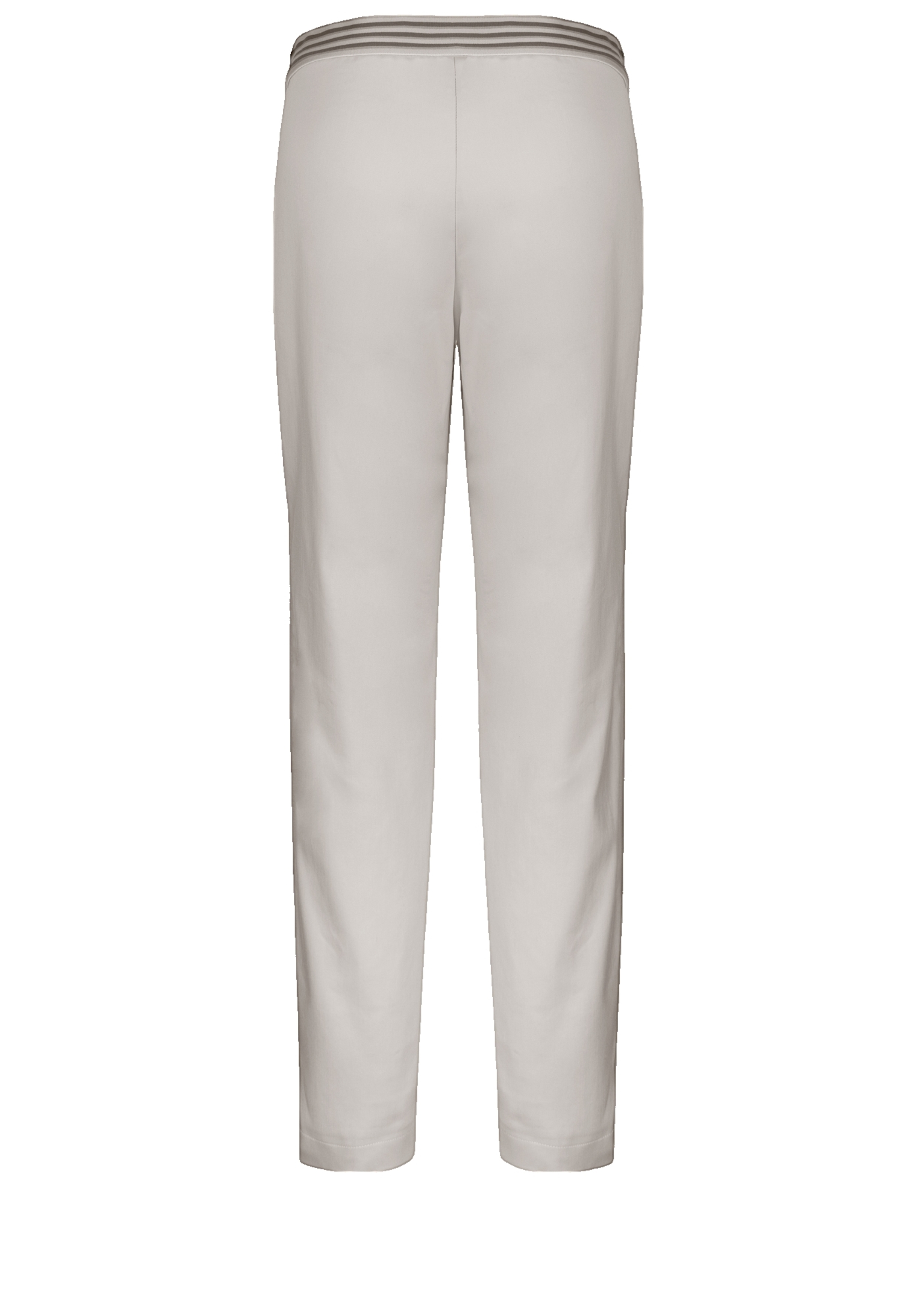 Rückansicht einer hellbeigen Hose mit geradem Beinschnitt und einem elastischen Bund mit dünnen, horizontalen grauen Streifen.