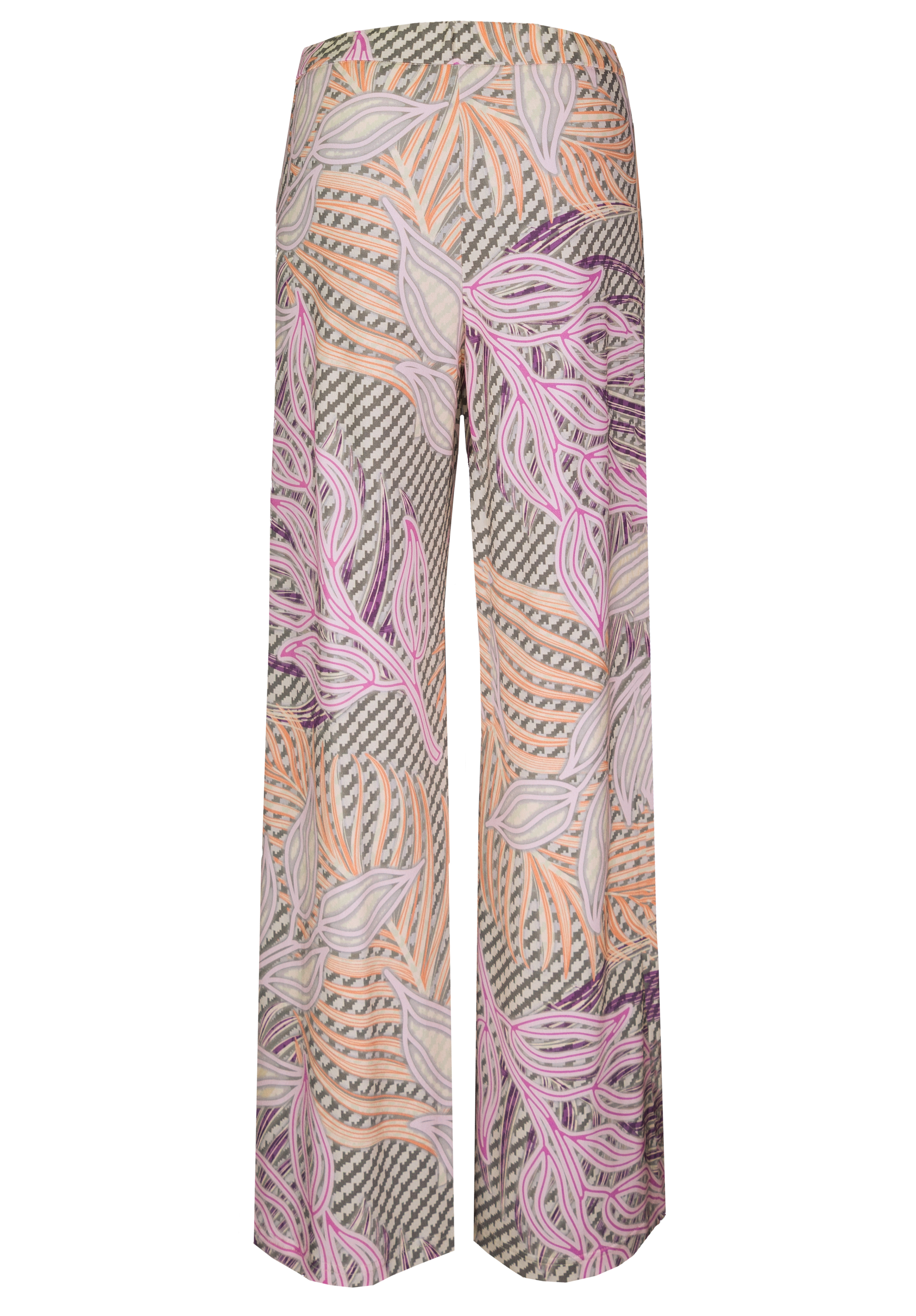 Weite Hose mit hoher Taille und geometrischem Muster in Beige und Grau, überlagert mit großen tropischen Blattmotiven in Pastellrosa, Lila und Orange. Die Hose hat keine sichtbaren Taschen oder Verschlüsse.