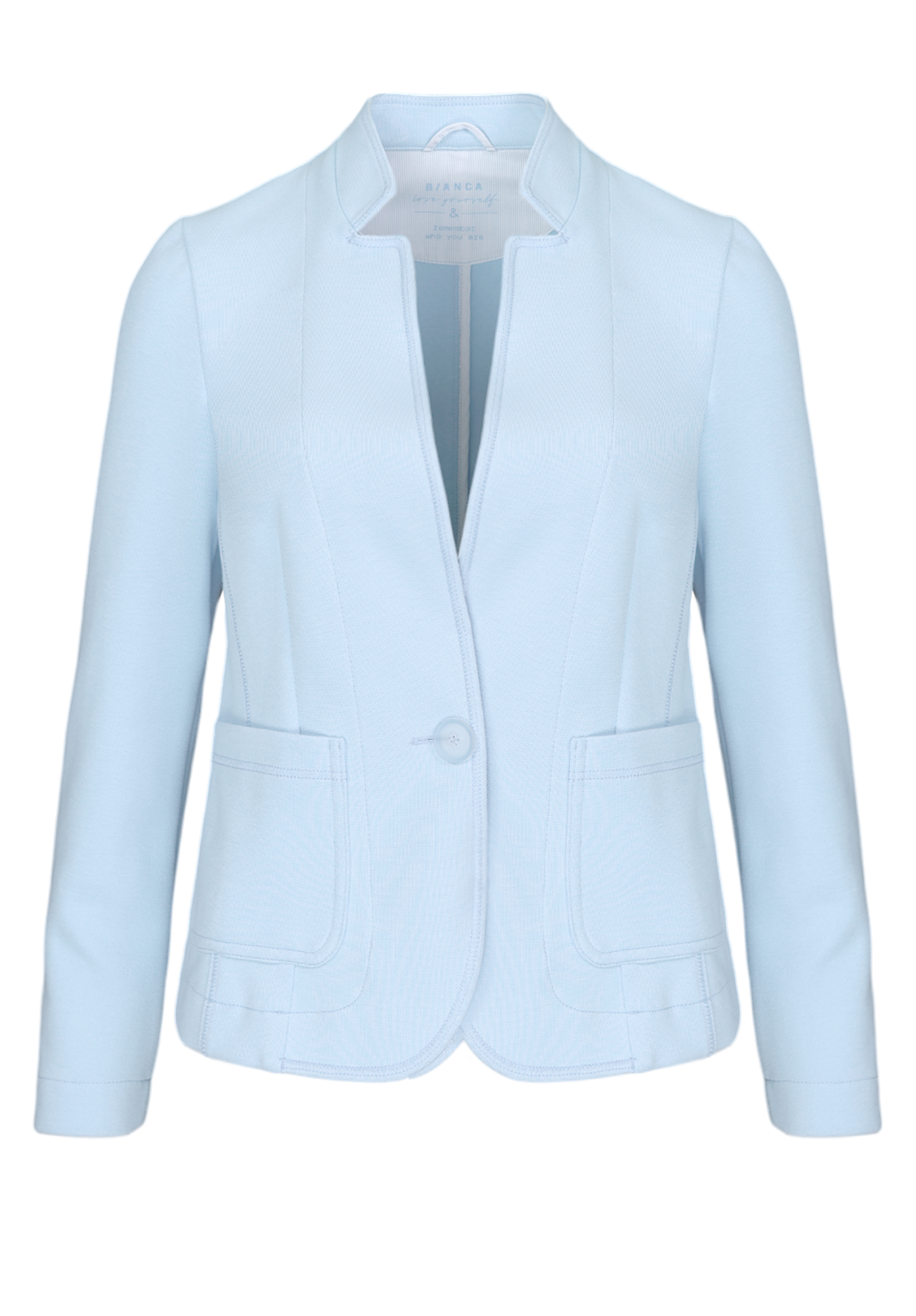 Hellblauer, maßgeschneiderter Damenblazer mit einem Knopfverschluss, strukturierten Schultern, kerbenlosem Kragen und zwei Vordertaschen vor weißem Hintergrund.