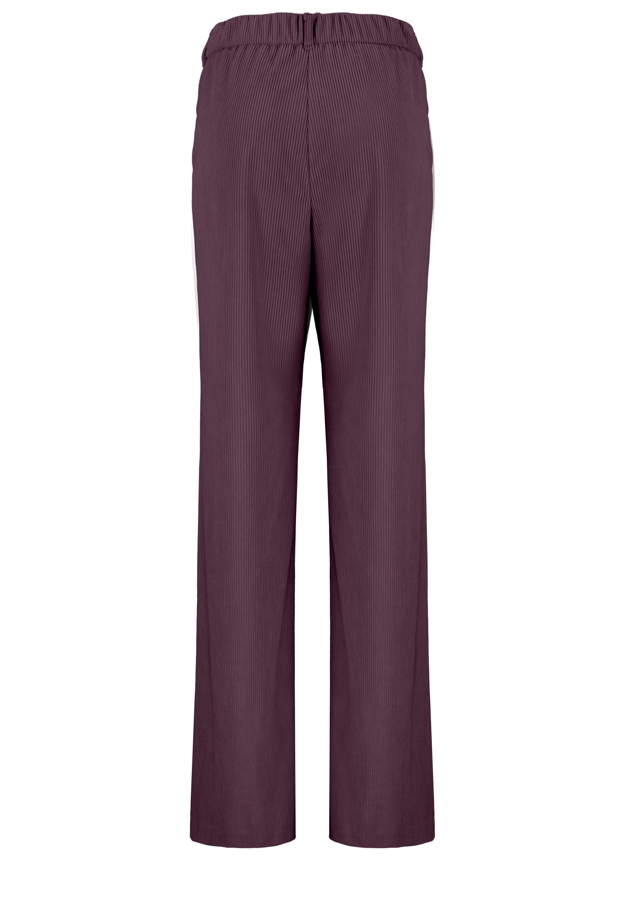 Rückansicht einer Hose mit hoher Taille und weitem Bein in dunklem Mauve mit dezenter vertikaler Rippenstruktur und elastischem Bund.