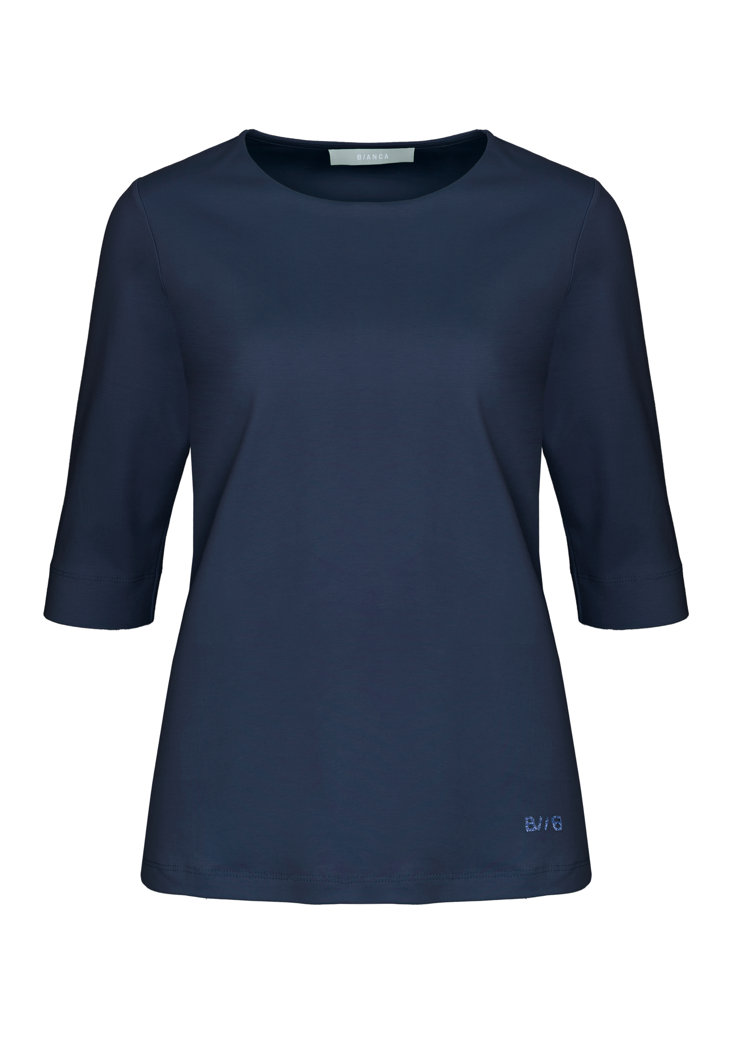 Ein schlichtes, dunkelblaues Damentop mit ellenbogenlangen Ärmeln und rundem Ausschnitt, abgebildet auf weißem Hintergrund.
