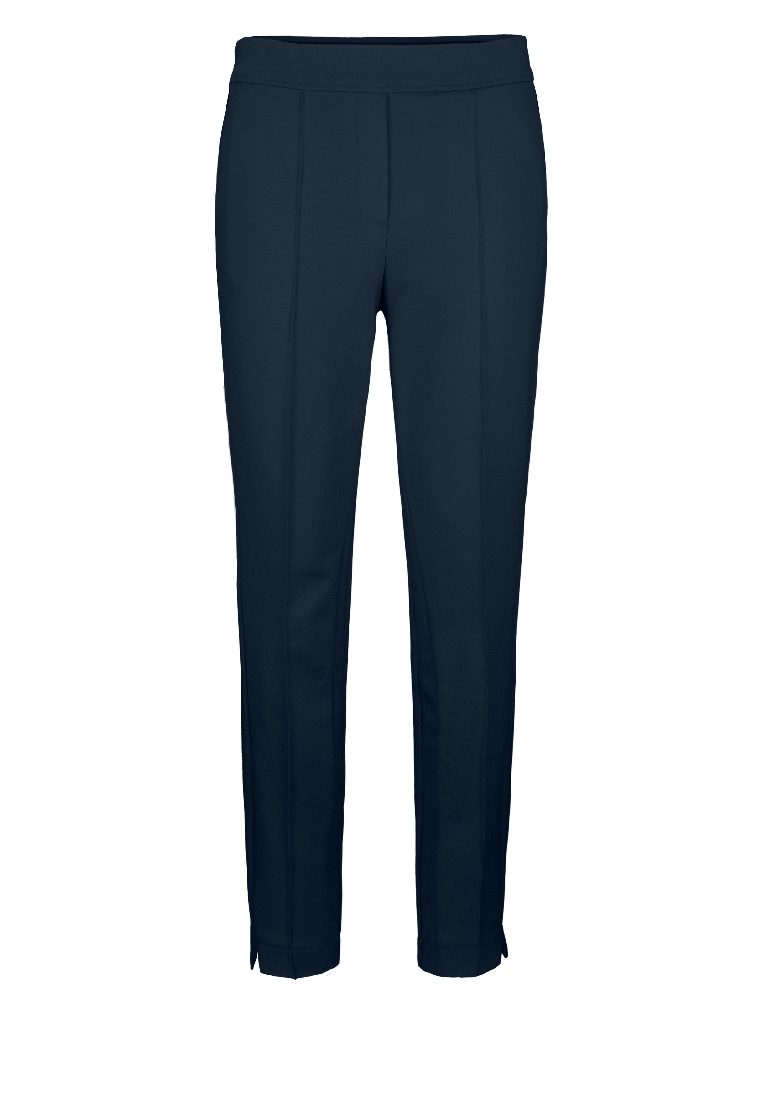 Marineblaue, maßgeschneiderte Hose mit schmaler Passform, Bügelfalten-Detail vorne und kleinen Schlitzen vorne an den Knöcheln.