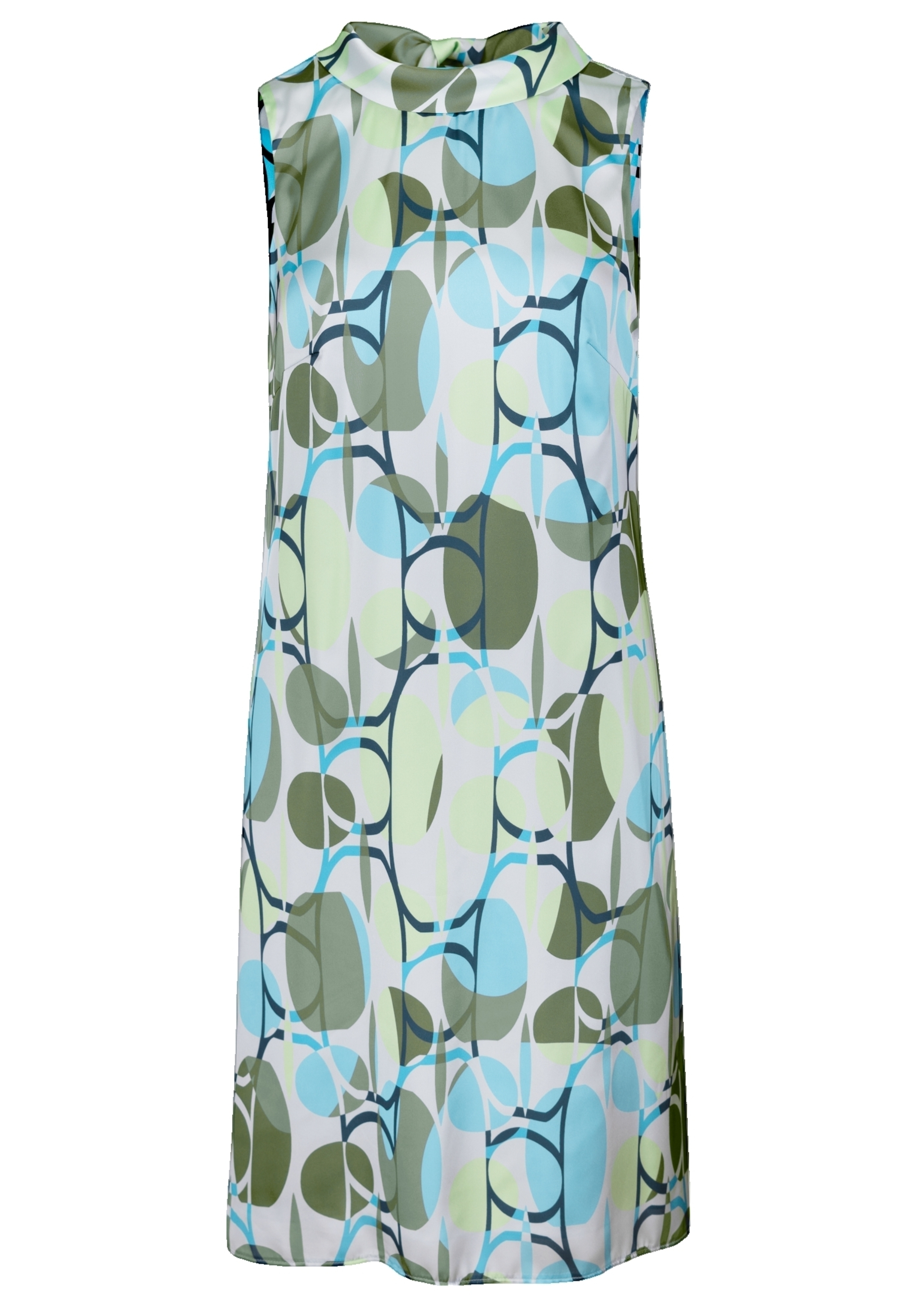 Ärmelloses A-Linien-Kleid mit hohem Ausschnitt und geometrischem Retro-Muster in Grün-, Blau- und Weißtönen. Das Kleid hat ein abstraktes kreisförmiges und ovales Design und scheint aus einem leichten Stoff gefertigt zu sein.